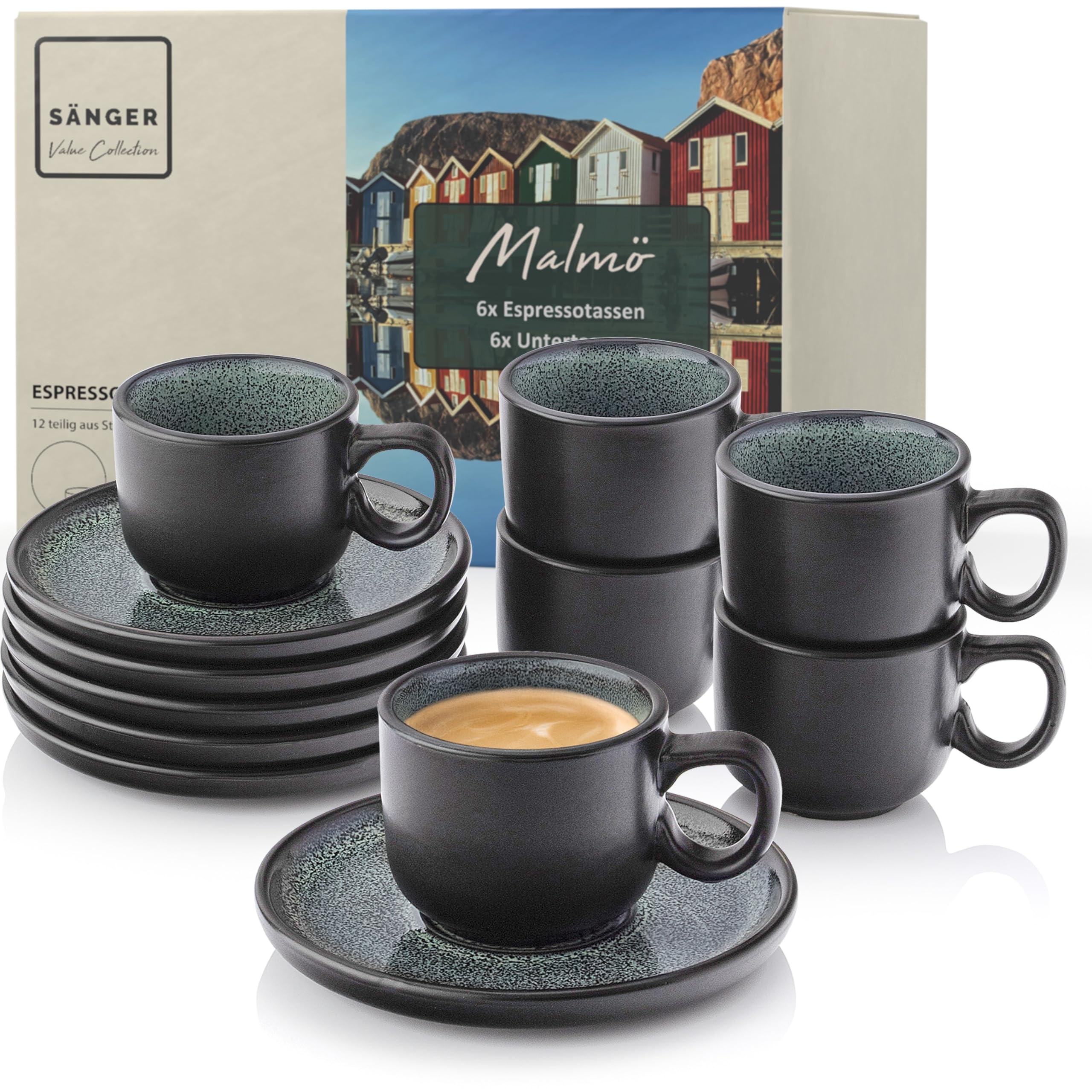 SÄNGER Malmö | Espressotassen Set Steingut 12 teilig, Mokka Tassen Set 6 Personen, Tassen & Untertassen - spülmaschinenfest mikrowellenfest - Tassenset grün mit schwarzem Rand 80 ml | VALUE COLLECTION