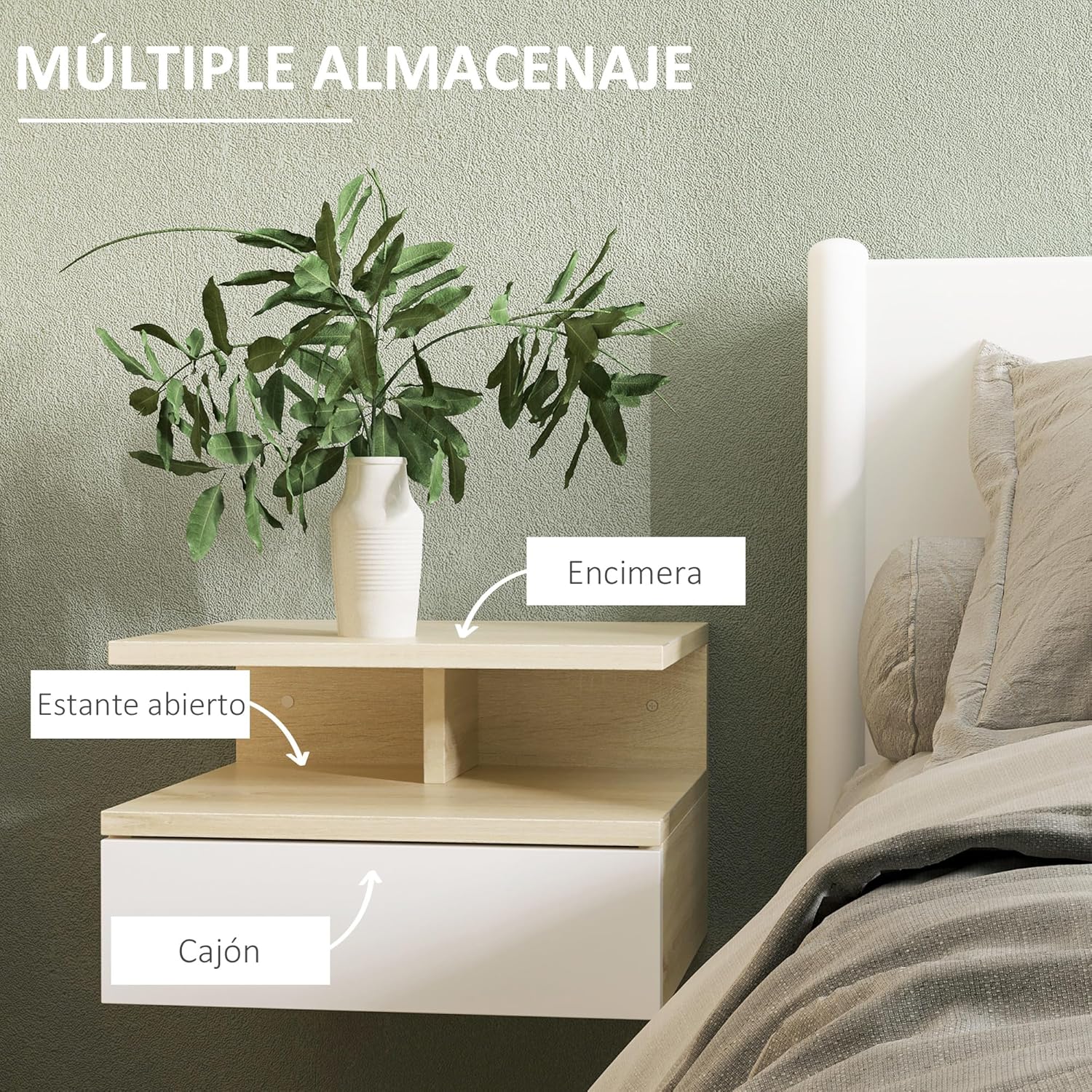 A close-up of the HOMCOM floating bedside table showing the top surface, open shelf, and a drawer, with labels pointing to each storage area.