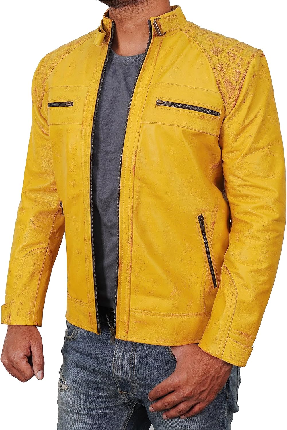Distressed Leather Jacket - yellow leather jacket mens - leather biker jacket men