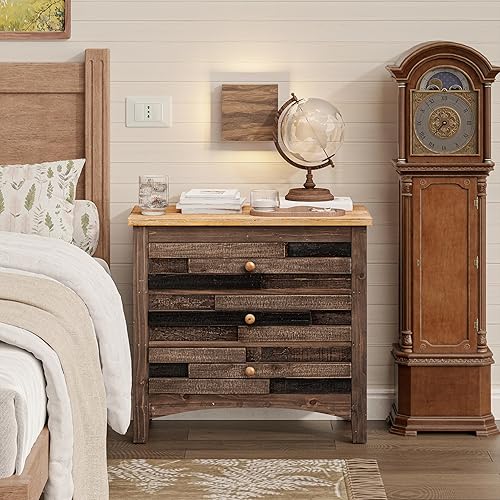 Miniatura 4 de COZAYH Cómoda rústica de 3 cajones, mesita de noche retro totalmente montada con diseño de cajón de rejillas, para dormitorio, sala de estar, campo