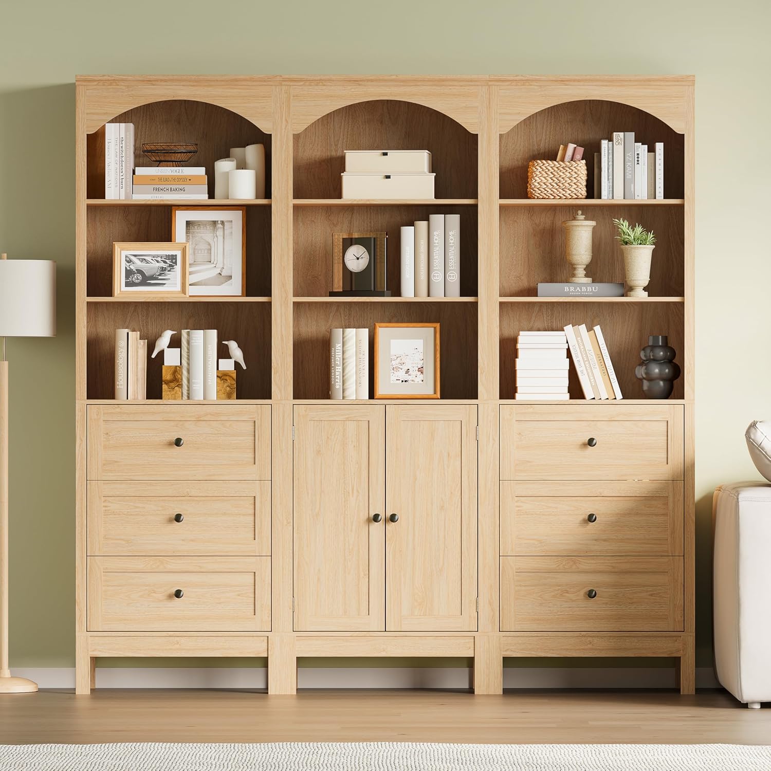 Bookshelf with Doors, 71" Tall Wood Book Shelf with Cabinet, 24" Wide Arched Bookcase with Adjustable Shelf, Floor Standing Display Storage Cabinet for Home Office, Study and Living Room, Natural Oak