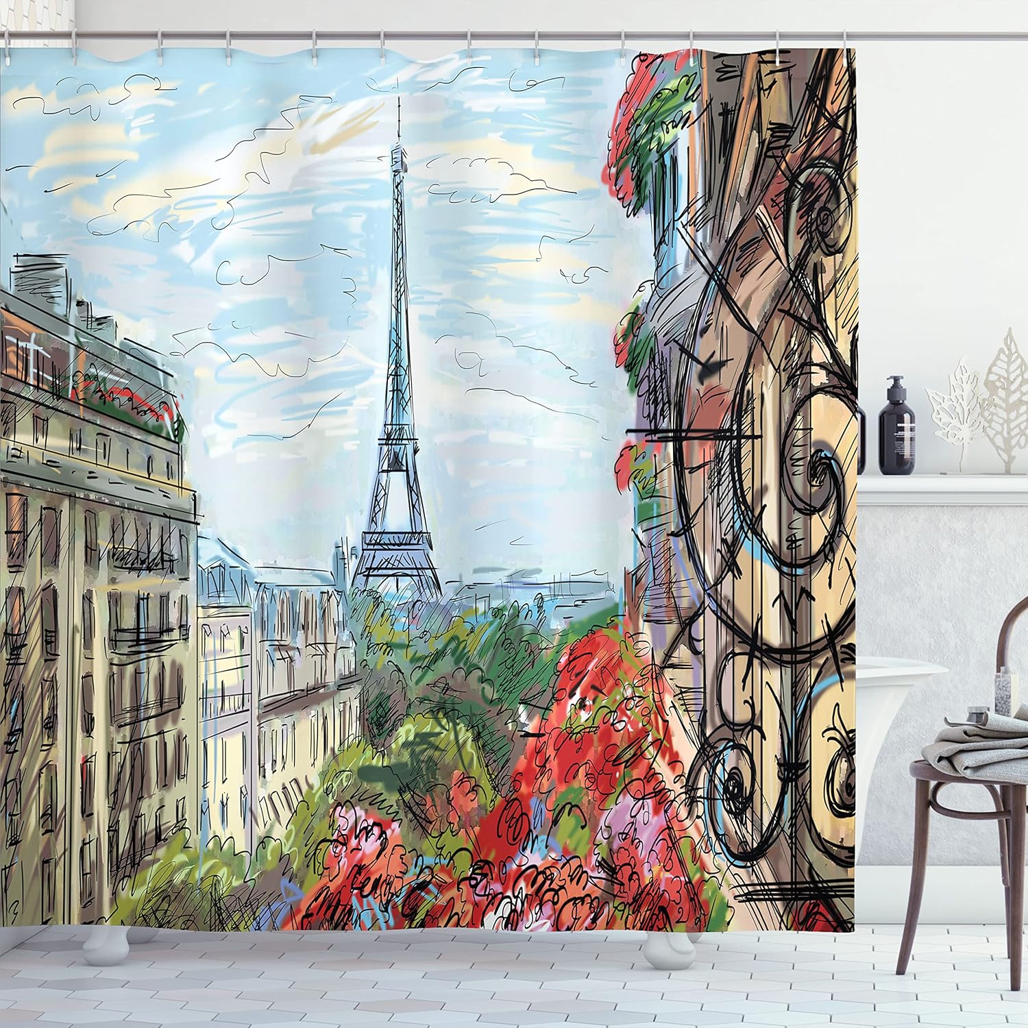 Ambesonne Paris Shower Curtain, Street in Paris Town Traffic Trees Downtown Urban Life Monument Scenery, Cloth Fabric Bathroom Decor Set with Hooks, 69" W x 70" L, Vermilion Green