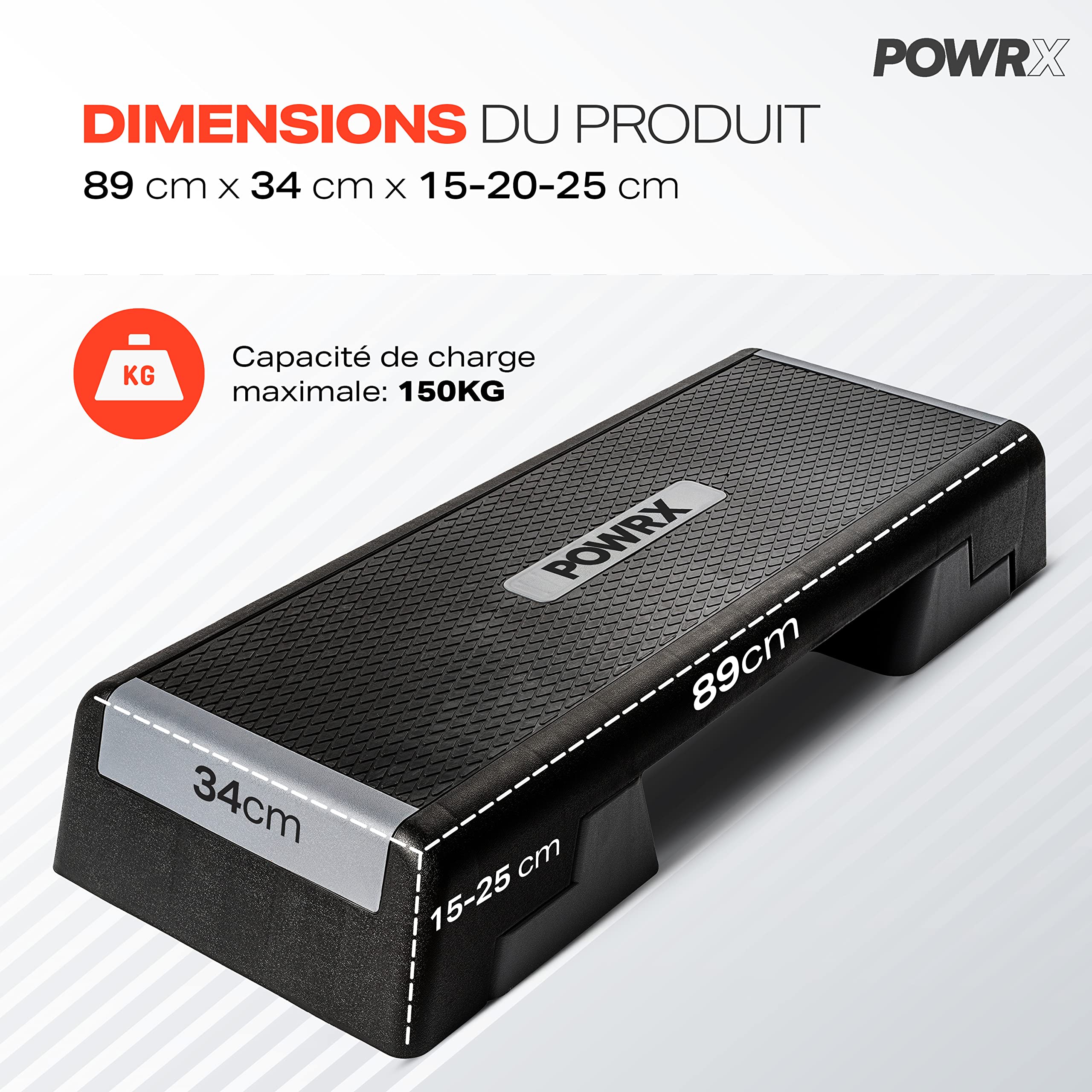 POWRX Step Aerobics Professional Fitness (89 x 34 cm) - Stepper d'entraînement à domicile ou en salle de sport - Hauteur réglable et surface antidérapante