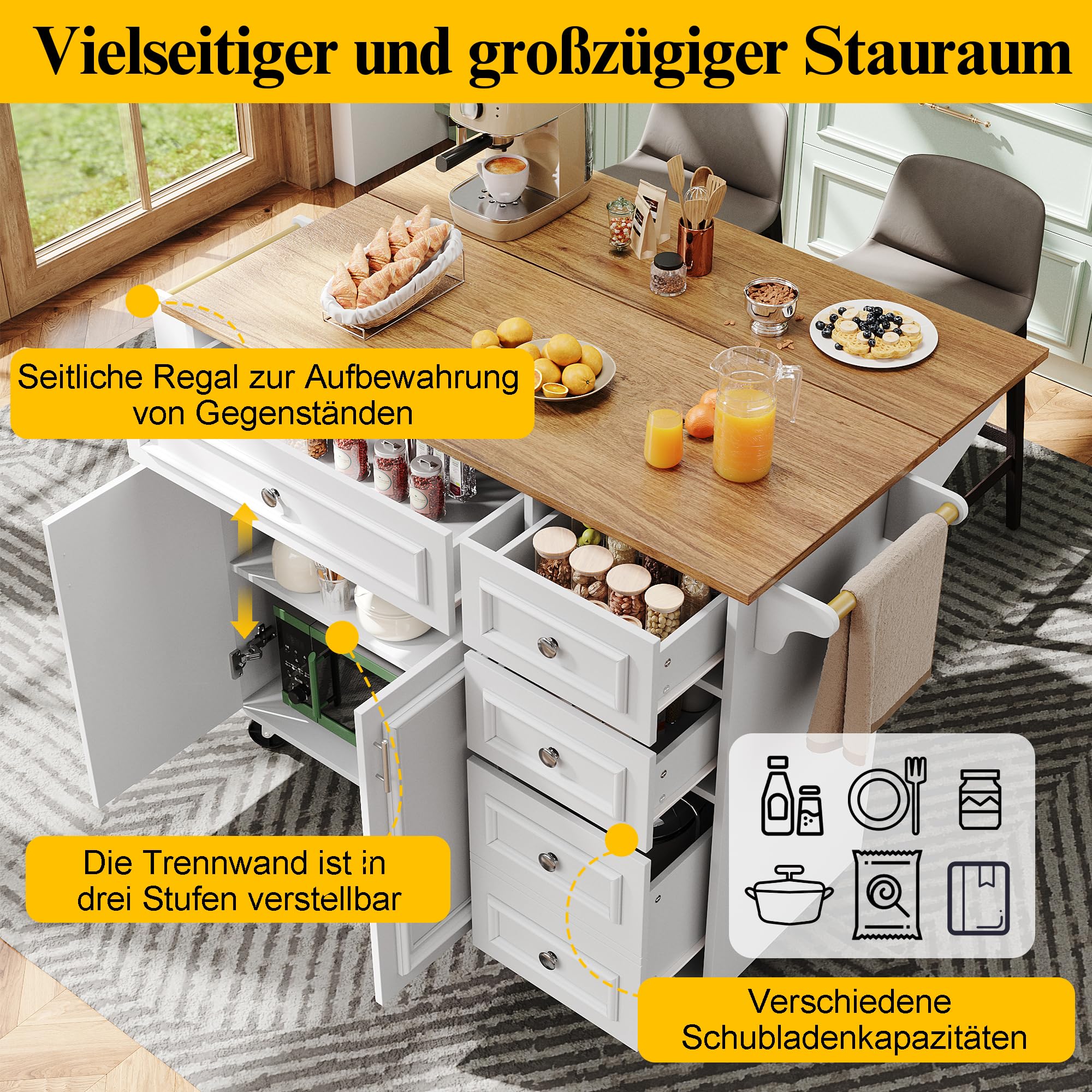 Küchenwagen, Kücheninsel mit Arbeitsplatte klappbar, Modern Küchenschrank, Servierwagen Buffetschrank mit Rollen und Handtuchhalter, Küchensiland mit 4 Schubladen, 2 Türen,110×45-75×92cm (Weiß)