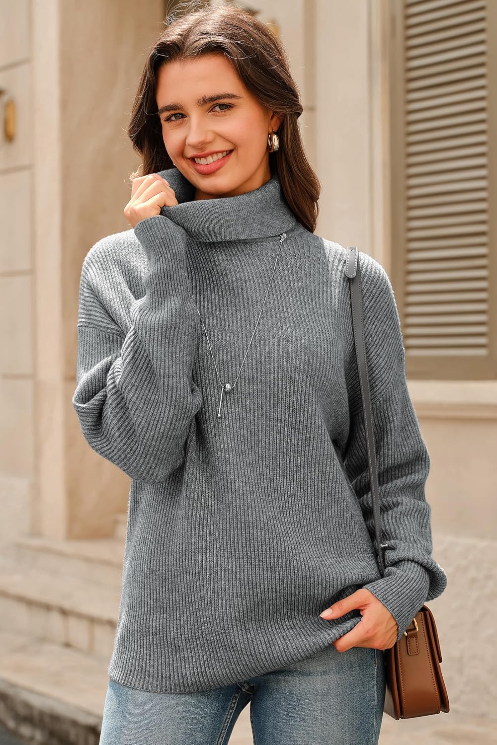 Arach&Cloz Women's Wool Blend Turtleneck Fall Winter Casual Ribbed Oversized Sweater Tops 2025 - Image 3