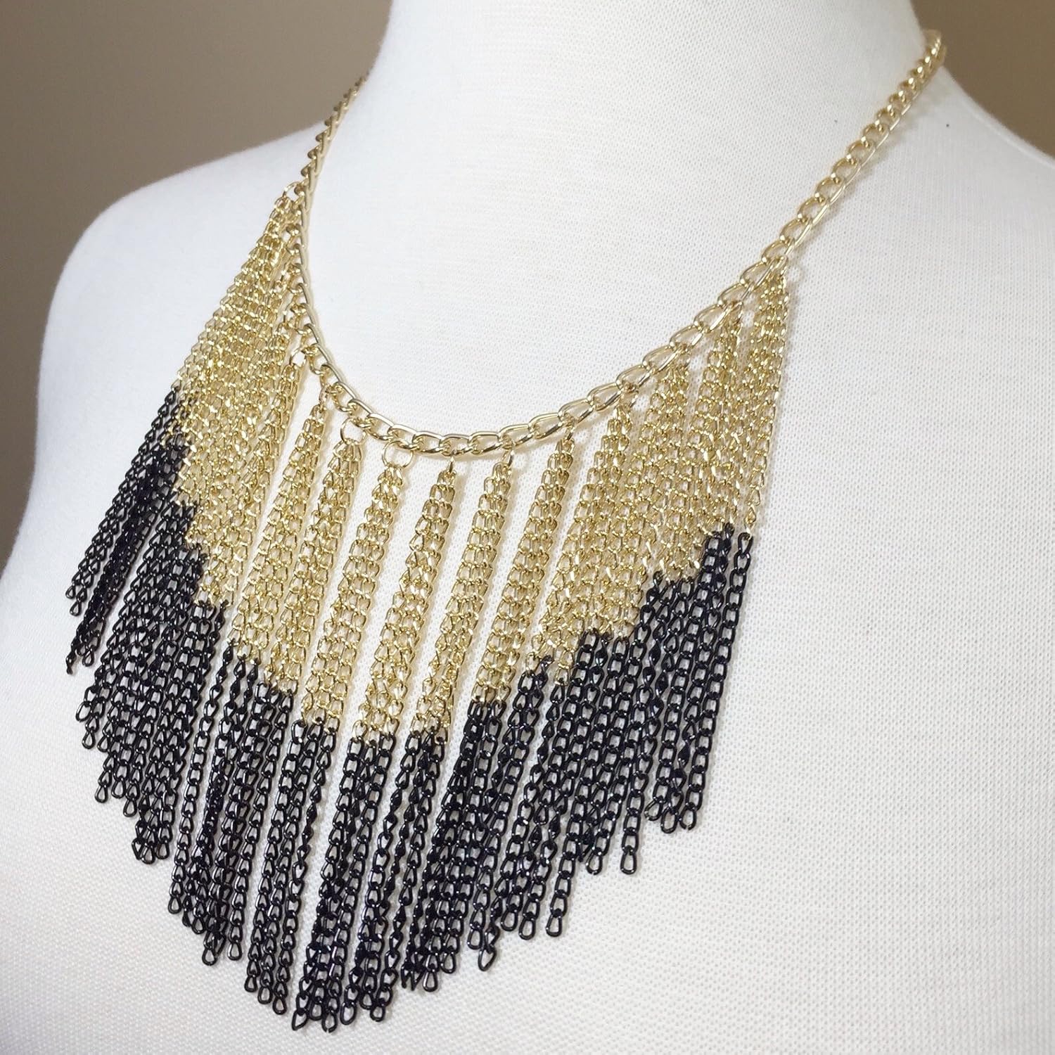 Gypsy Jewels Cascading Chain Tassel Fringe Necklace & Earrings Set (Black & Gold Tone)