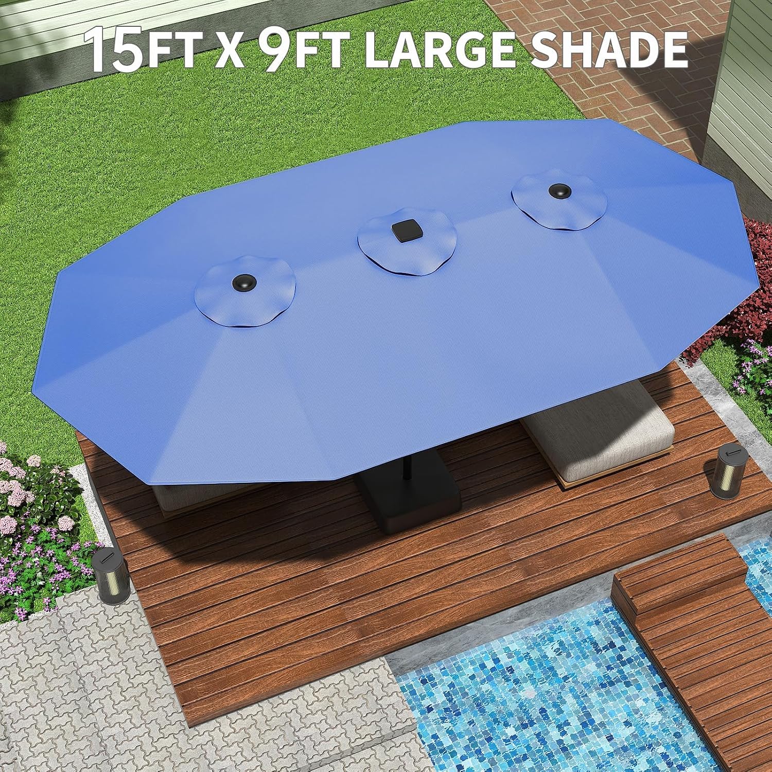 15FT Large Patio Umbrella with Base Included, Outdoor Double-Sided Rectangle Market Umbrella with Crank Handle for Pool, Lawn, Garden, Backyard, Navy Blue