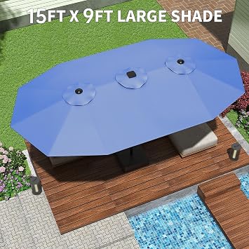 15FT Large Patio Umbrella with Base Included, Outdoor Double-Sided Rectangle Market Umbrella with Crank Handle for Pool, Lawn, Garden, Backyard, Navy Blue
