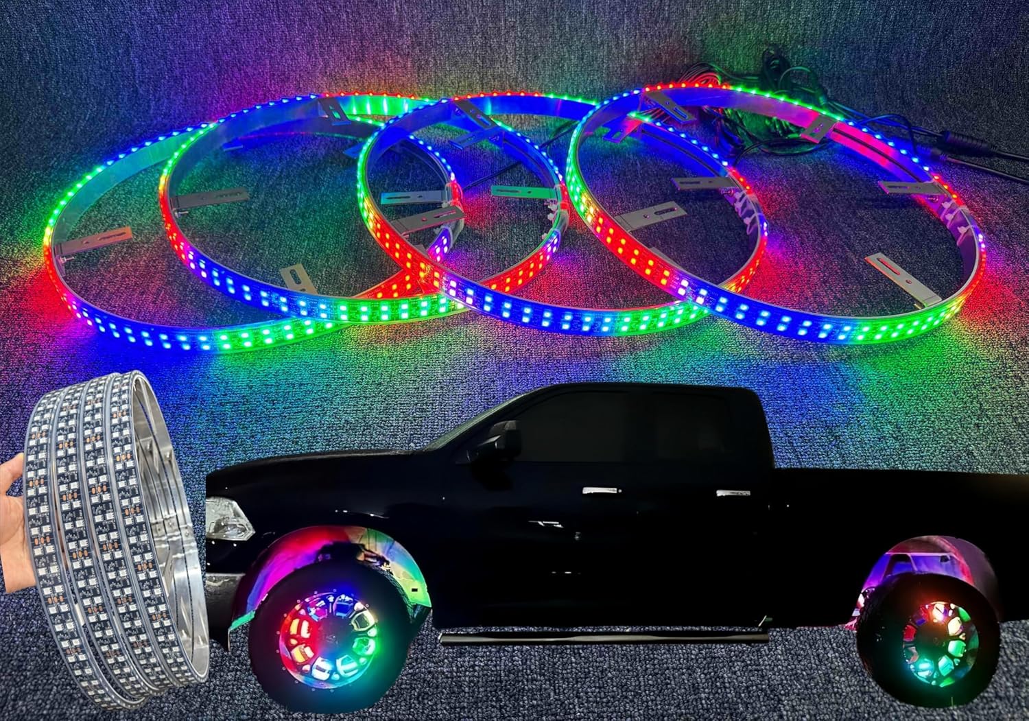 4PCS 15.5" Double Row LED Wheel Ring Lights, RGB Dream Color Chasing Rim Lights with App & Remote Multi-Function Brake Turn Signal Reverse Wiring Kit, IP68 Waterproof Off-Road Truck SUV