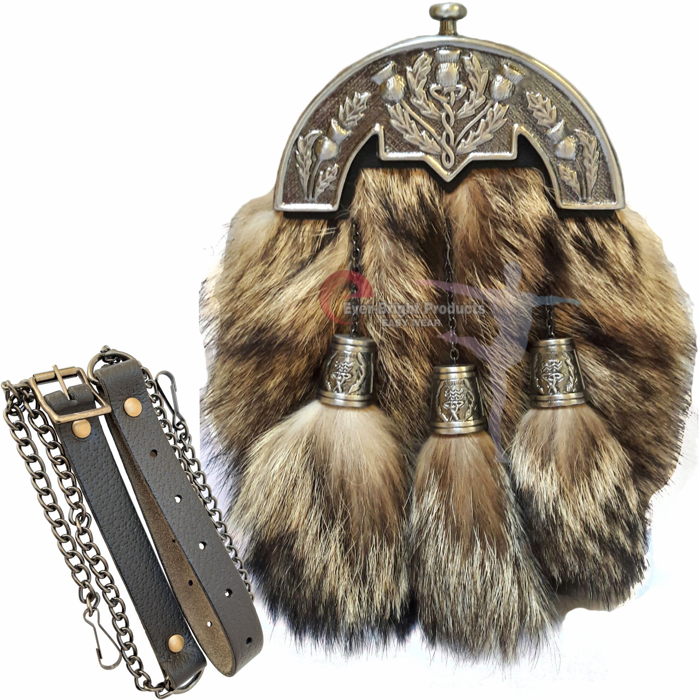 Scottish Kilt Brown Fur Full Dress Sporran Antique Enamel Thistle Cantel