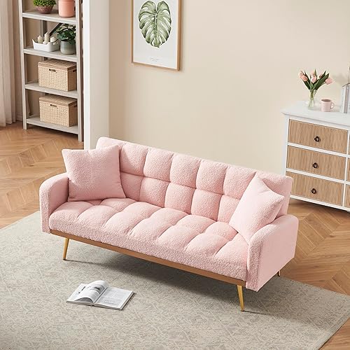 Eafurn Padded Convertible Futon Sofa Bed, Teddy Fleece Fabric Futons Loveseat Couch with Adjustable Backrest, Folding Sleeper Recliner Sofabed for Living Room Furniture | Golden Legs, Wood Frame