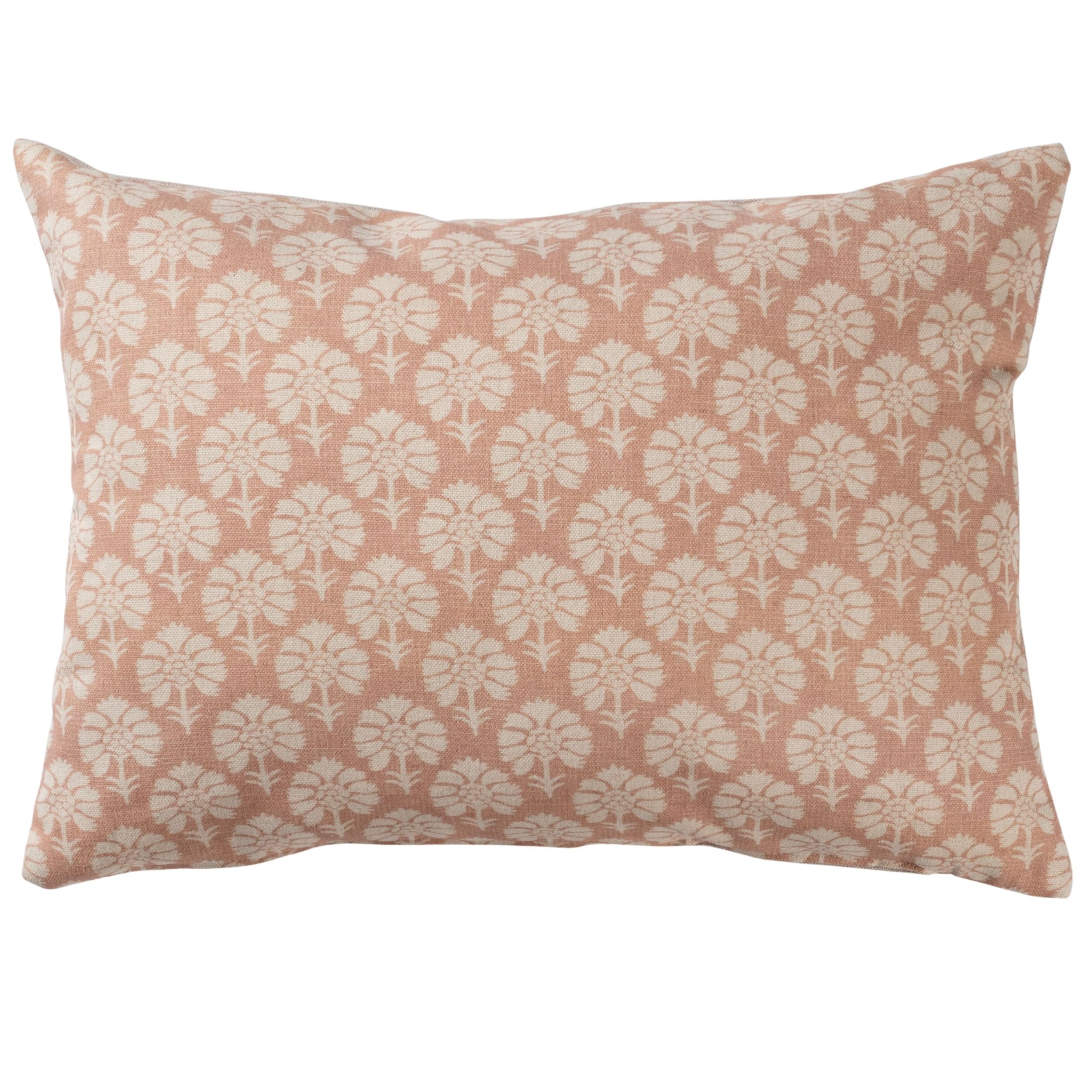 Linen Loft Pink Wildflower Boudoir Cushion In Soft Block-Print Floral, Blossoms And Botanical Design, Multicoloured. 17X12 Rectangle Cushion Cover