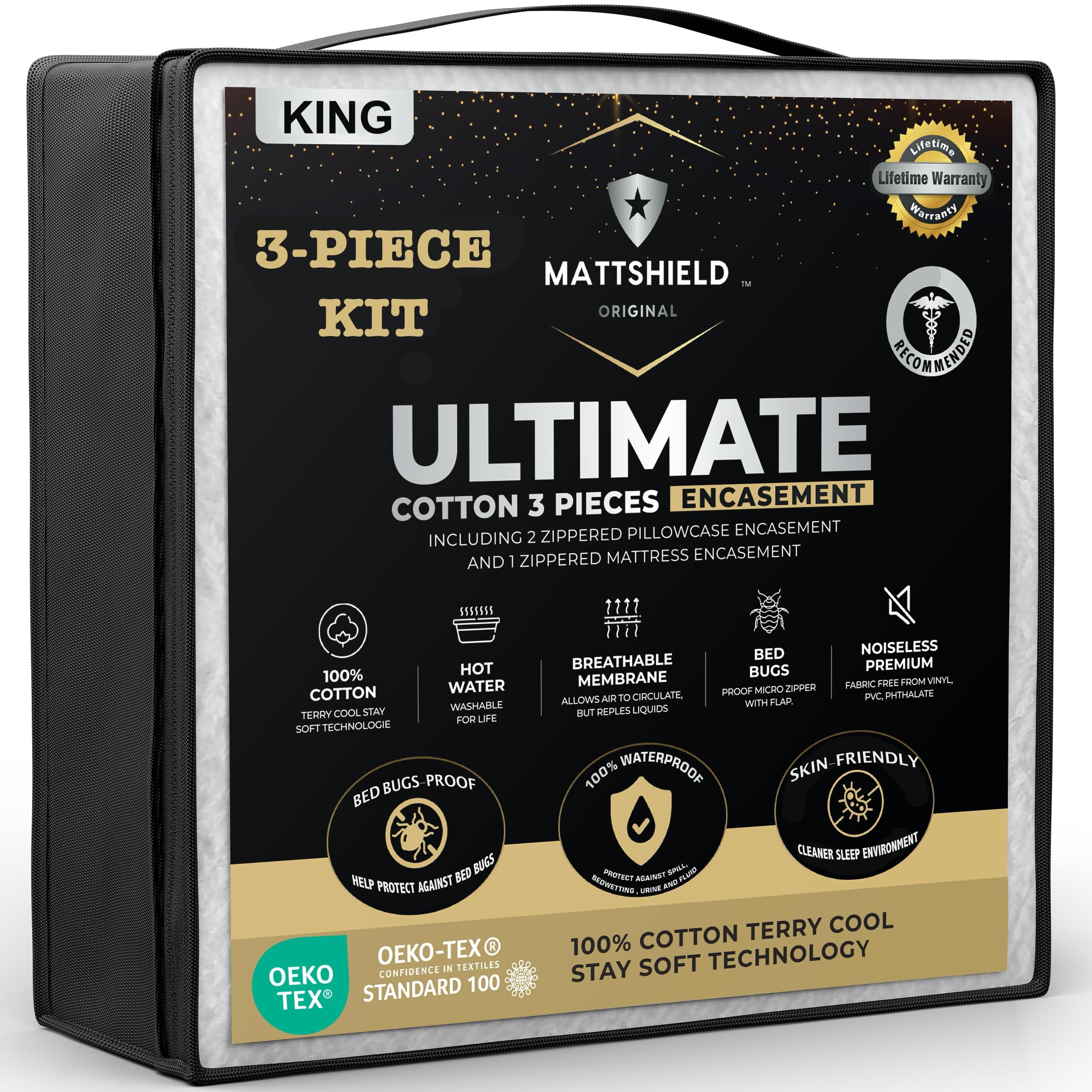 MATTSHIELD New Ultimate 3-Piece Kit - Bed Bug-Proof Mattress Cover King Size 100% Cotton Top + 2 Queen Pillow Protectors with Zipper - 6 Sided Waterproof Encasement, Total Defense Kit