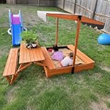 Wooden Kids Sandbox with Lid&comma; Outdoor Sand Box with Picnic Table&comma; Sandpit with Cover Canopy for Aged 3-8 Years Old&comma; Adjustable Roof Bottom Liner