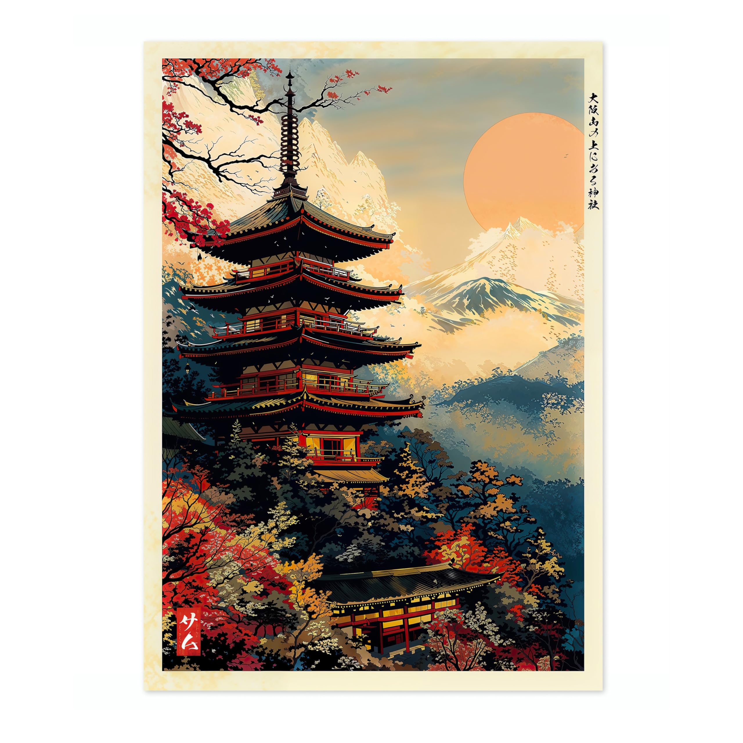 Temple In The Mountains Anime Woodblock Poster Modern Ukiyo-E, Japanese Cartoon Illustration Print, Archival Matte, A4 (Print Only) - 29.7x21cm