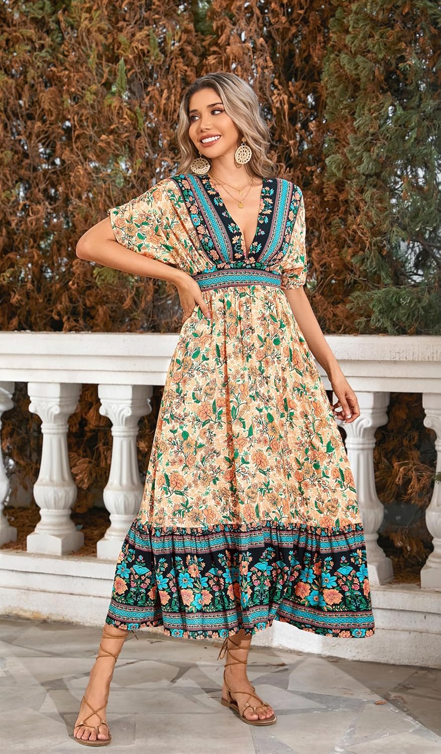 R.Vivimos Women's Summer Boho Floral Print Midi Dress Short Sleeve Deep V Neck Empire Waist Flowy Beach Dress with Pockets - Image 3