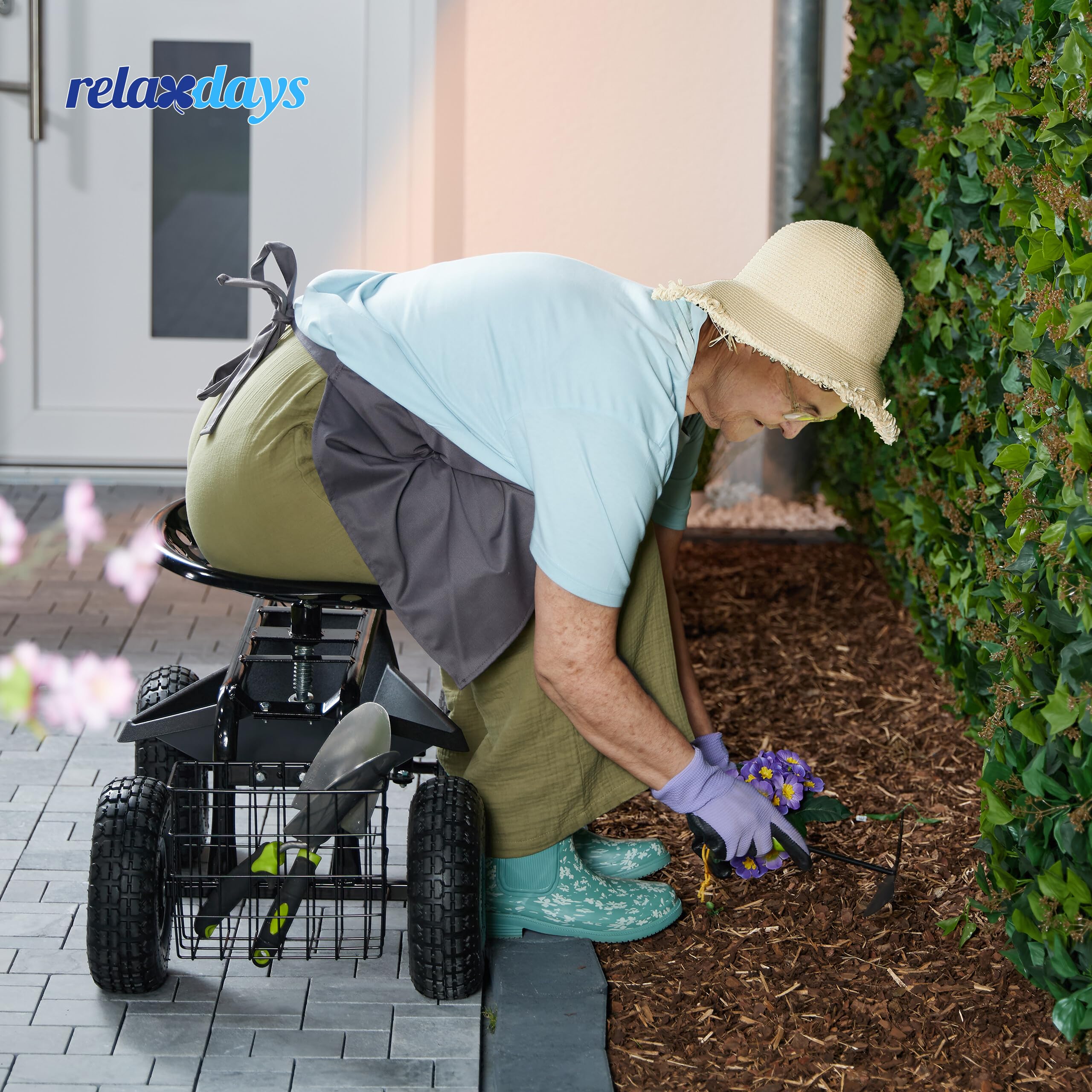 Relaxdays Asiento de Jardín con Ruedas Neumáticas, Taburete Jardinería, Altura Regulable, 150 kg, Acero, Negro