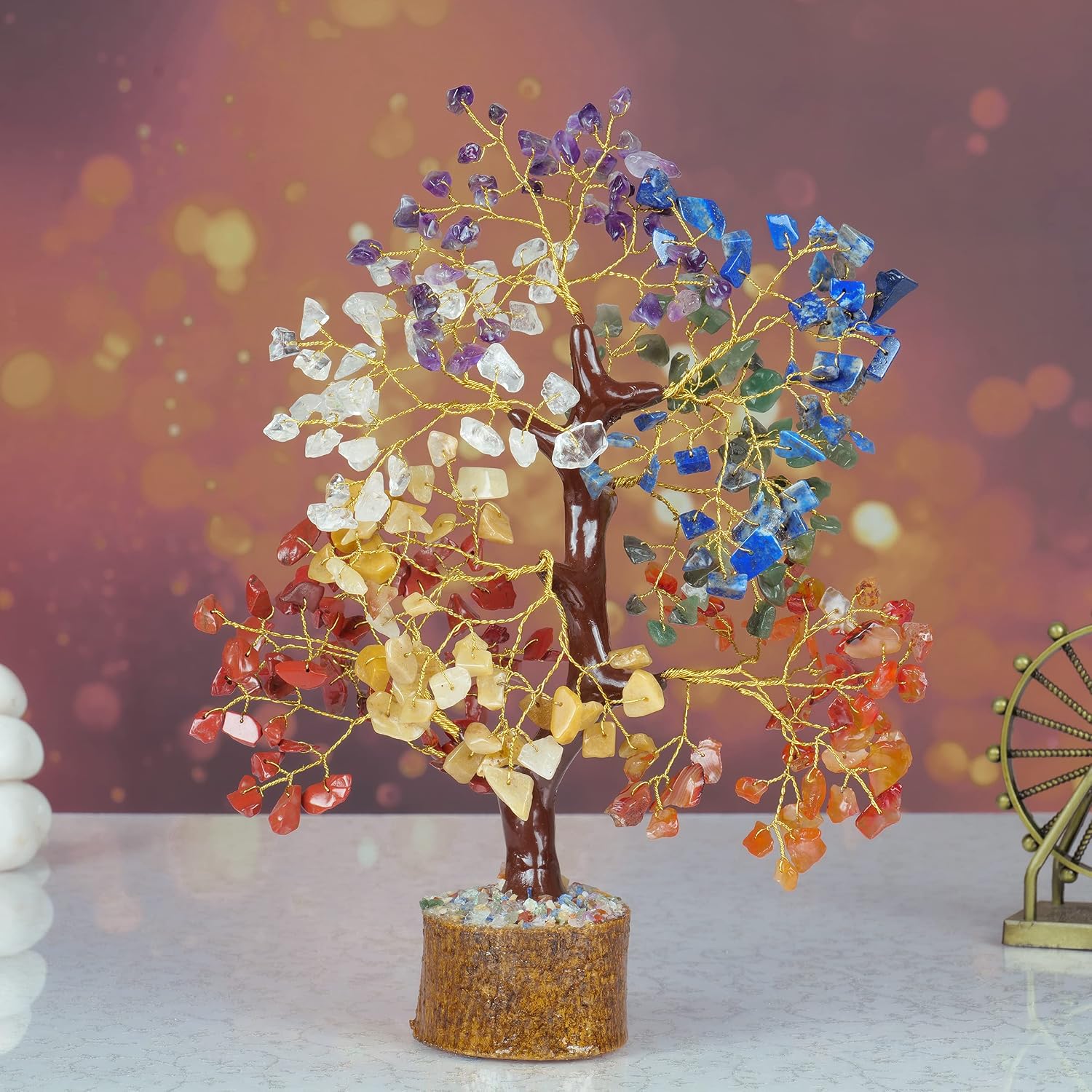 SUBSH Seven Chakra Money Tree Natural Healing Gemstone Crystal Bonsai Fortune for Good Luck Wealth & Prosperity Home Office Decor Spiritual Gift (Golden Wire) Size 10-12 Inches - Image 5