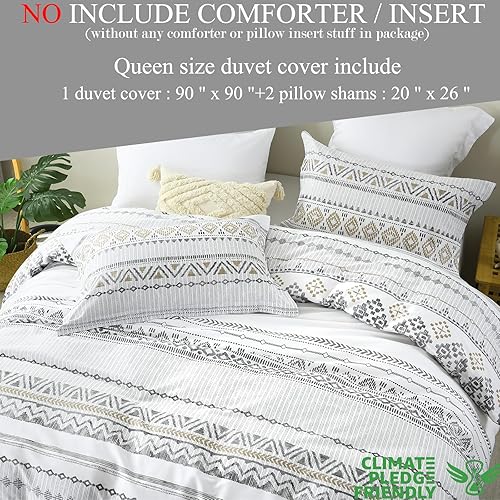 Miniatura 6 de Quilta Funda de edredón 100 % algodón, tamaño Queen, juego de funda de edredón bohemio blanco de 3 piezas con cierre de cremallera, edredón a rayas