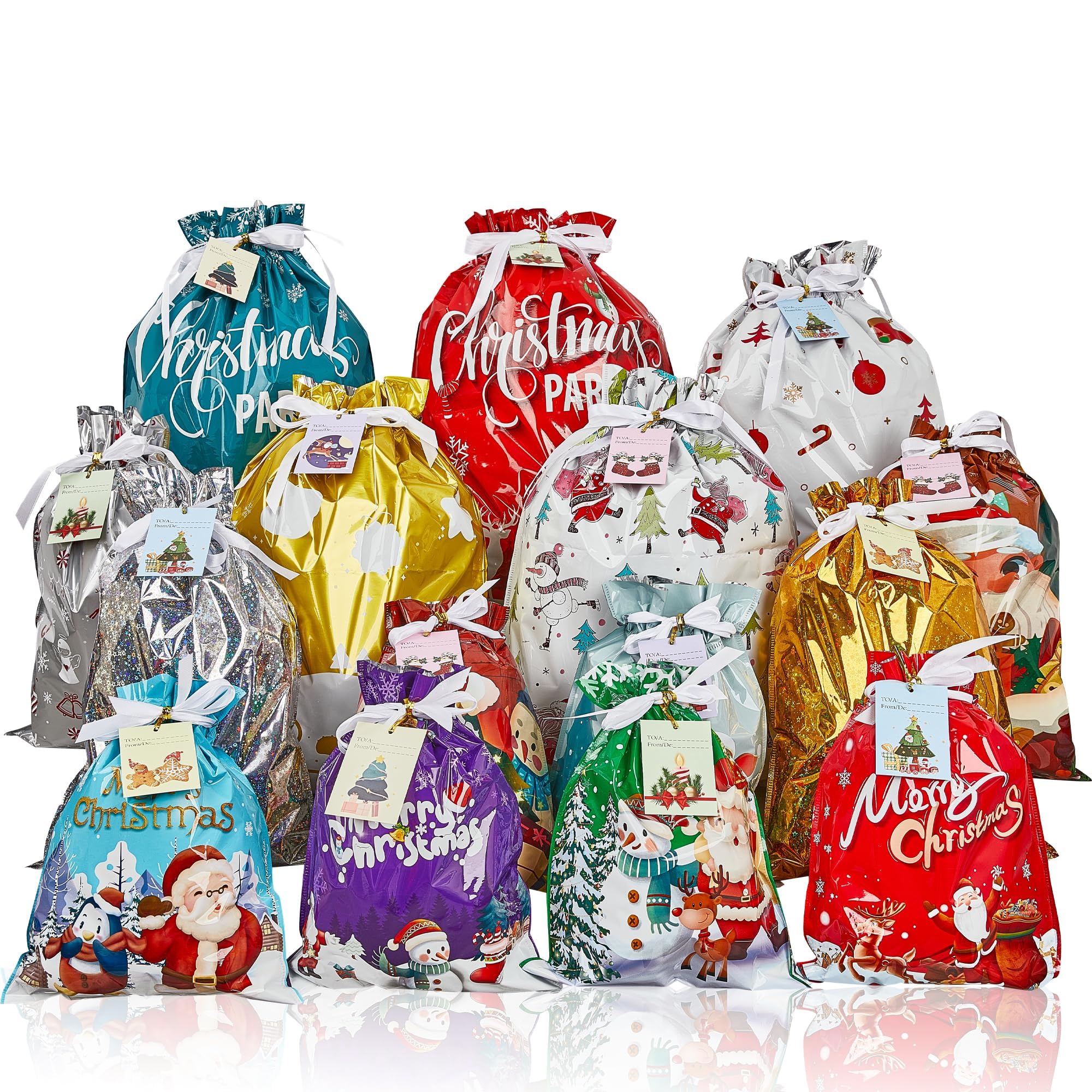 USEAMIE 30 Pcs Christmas Drawstring Gift Bags with Tags & Ribbon Ties, Assorted Sizes Xmas Wrapping Bags for Holiday Present Wrapping and Festival