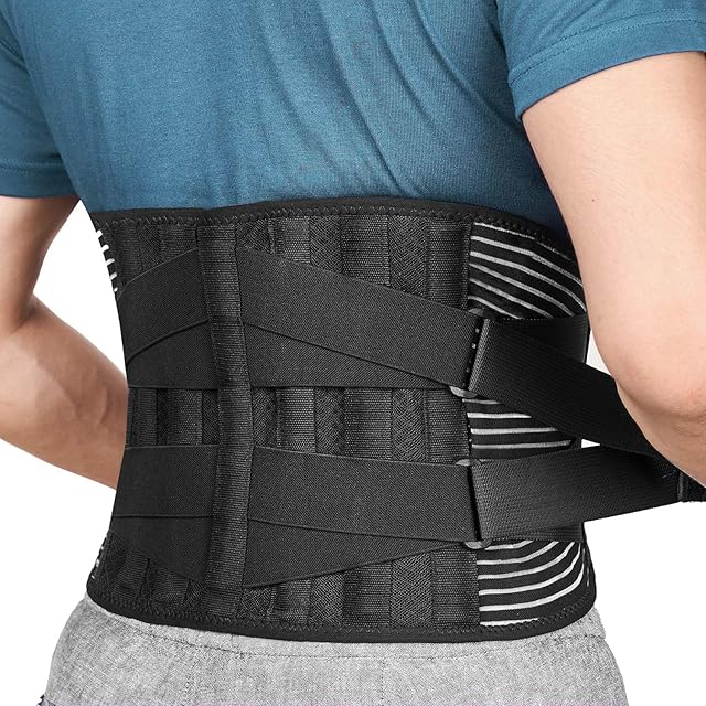 FREETOO Back Support Brace with 6 Support Stays, Breathable 16-Hole Mesh Lumbar Support Belt, Double Compression Adjustment Lower Back Pain Relief Belt for Men Women,Herniated Discs, L