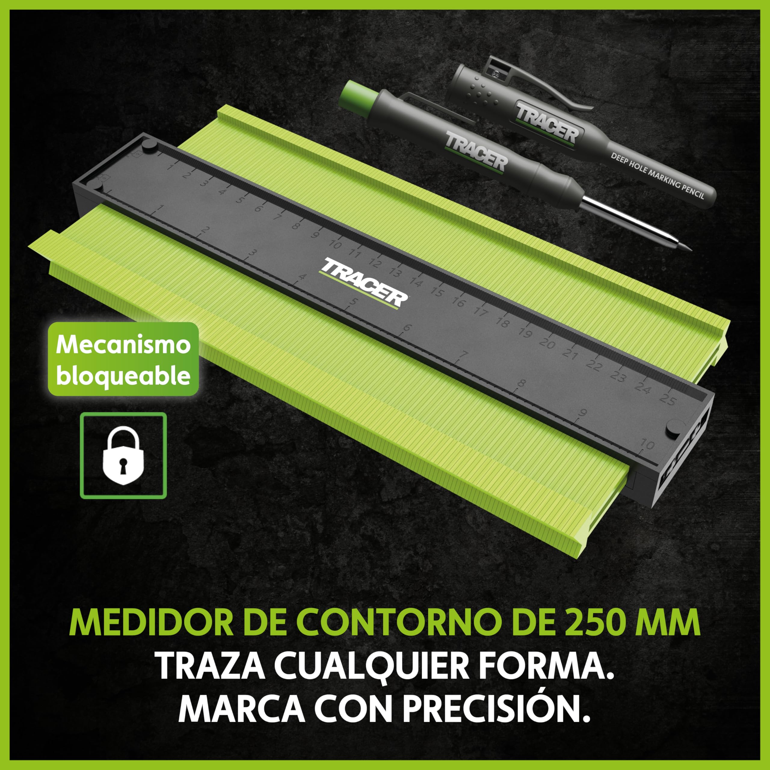 TRACER Medidor de contorno de 250 mm, medidor de marcado preciso con lápiz de construcción de agujero profundo TRACER. Calibre y juego de lápices de carpintero