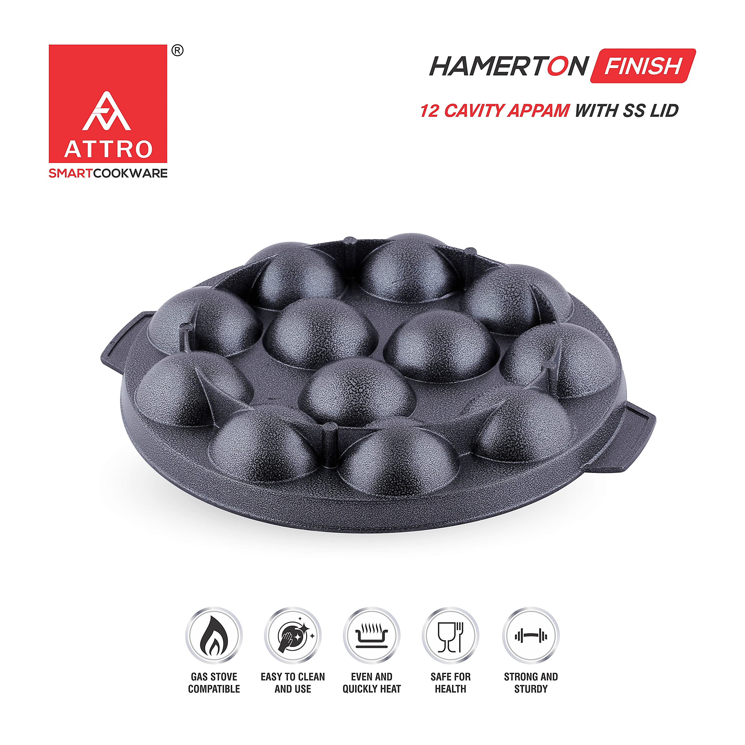 Attro Non-Stick Heavy Duty 12 Cavity Aluminium Appam Patra Paniyarakkal Two Side Handle with Steel Lid and Wooden Picker (Black) 1