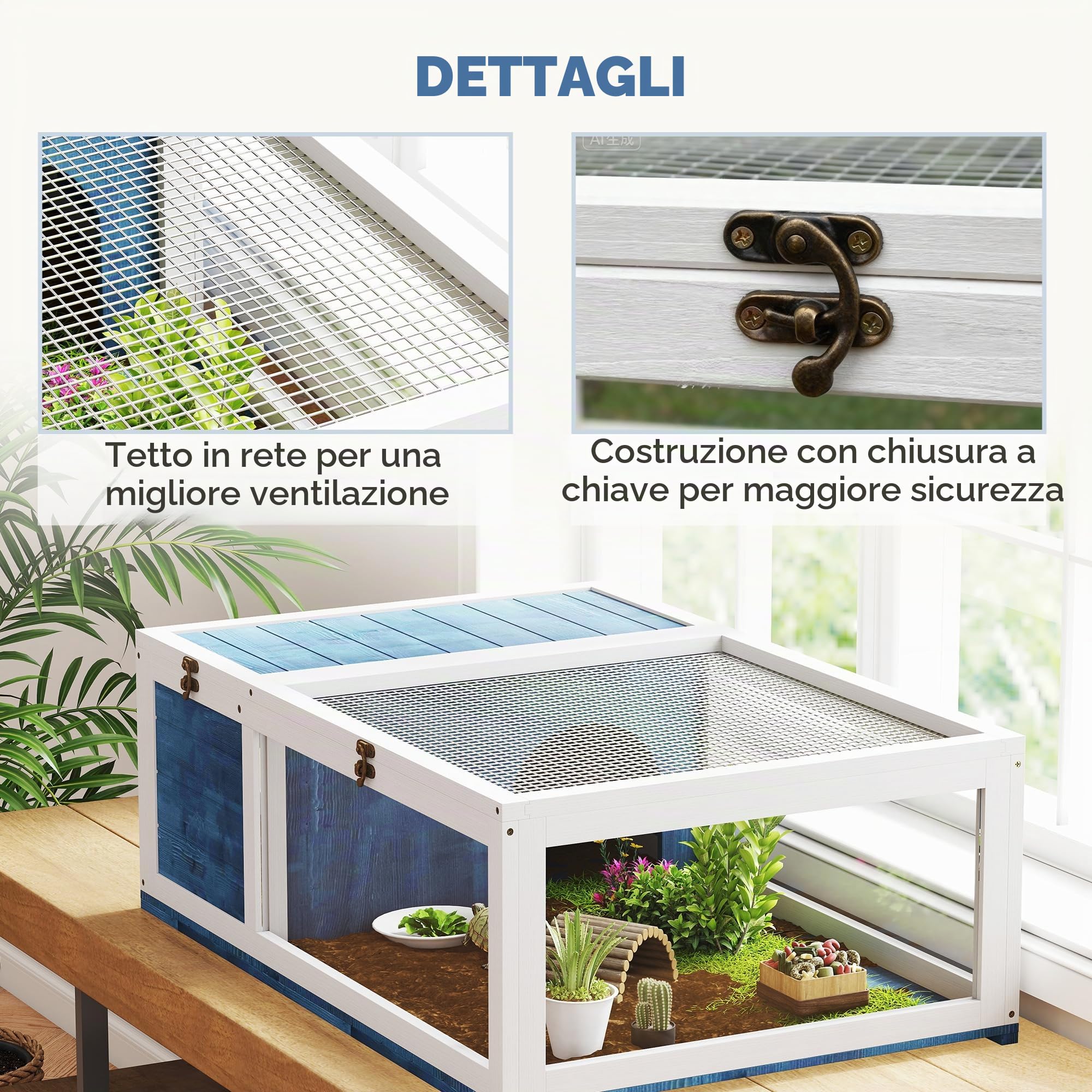 PawHut Casa tartarughe tetto rete legno rettili blu | Recinto per tartarughe in legno di abete, pannello laterale rimovibile, per tartarughe lucertole gechi serpenti