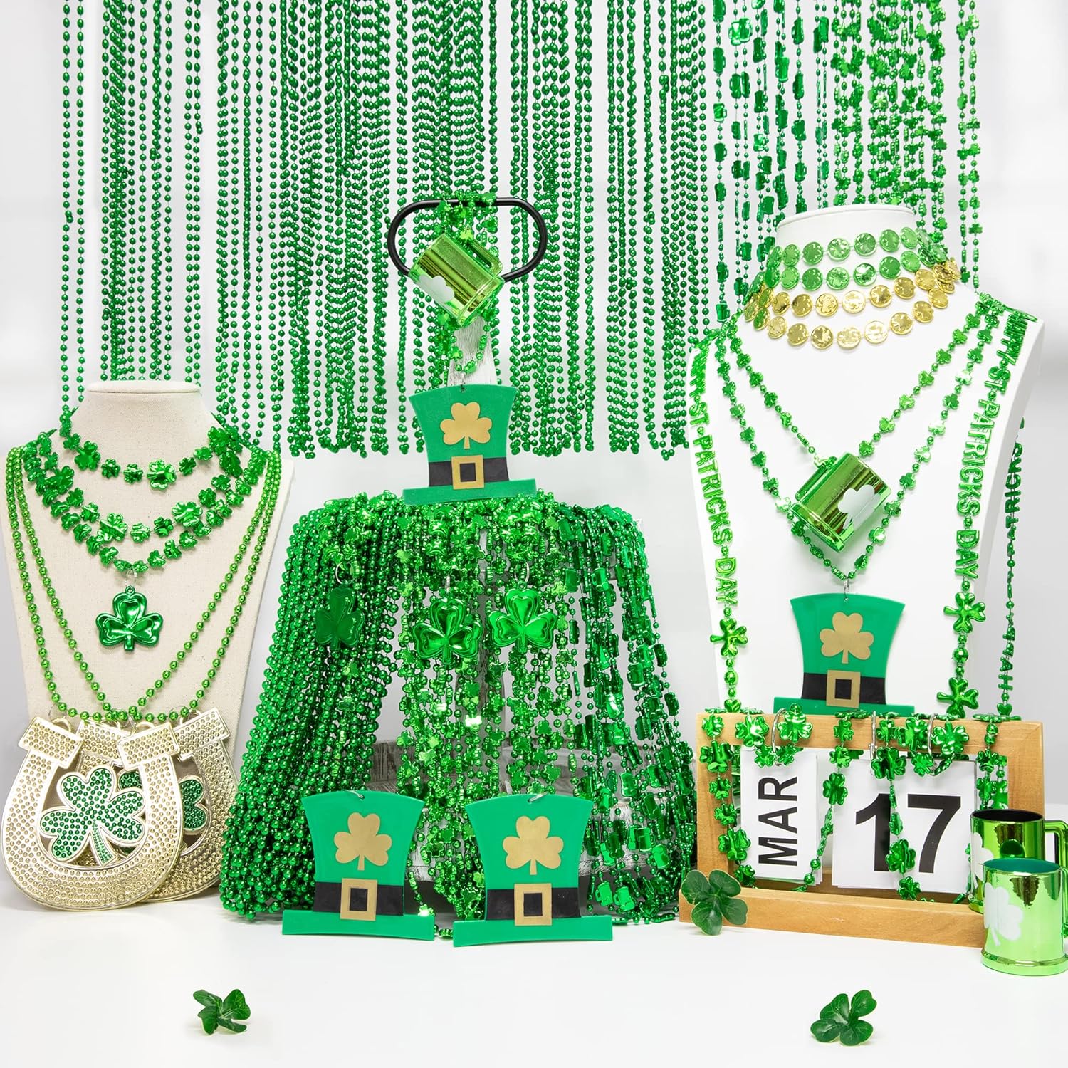 EOBOH 120PCS St Patricks Day Beads Necklace, Green 10 Kinds of St Patricks Beads, Metallic Irish Shamrock Beer Mug Coins Pendants, Adult St Patricks Necklaces Bulk for Parade Party Supplies Favors