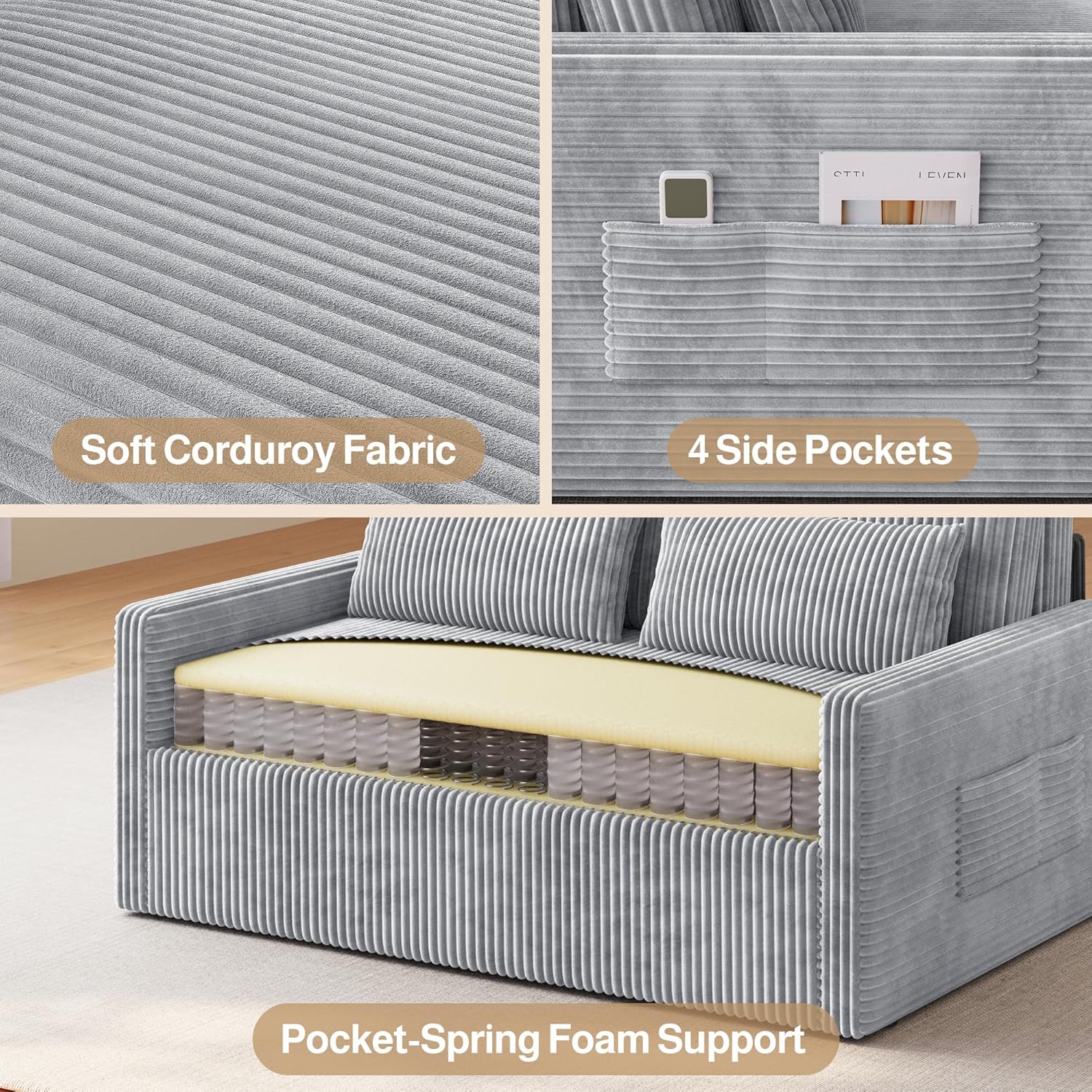 Ahomly 3 in 1 Pull Out Convertible Sofa Bed with 77.2'' Extended Sleeping Length, Corduroy Loveseat Sleeper Sofa with Side Pockets, Modern Small Space Loveseat for Apartment, Studio, Grey