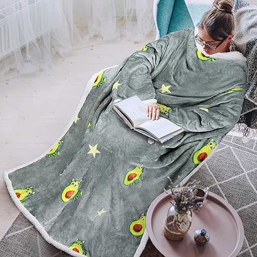 Miniatura 18 de Tirrinia Manta de sherpa afelpada con mangas, manta completa para todo el cuerpo, para leer, ver la televisión, manta para envolver