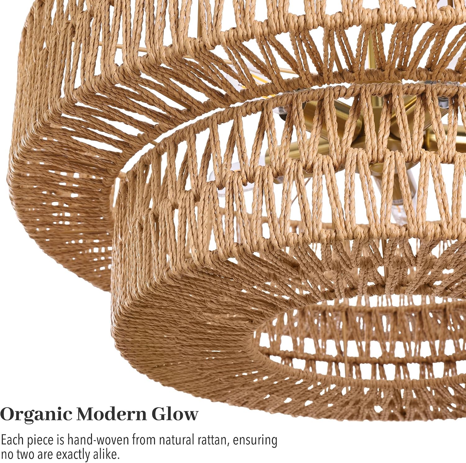 21.6 Inch Boho Rattan Chandelier, 5-Lights Hand Woven Bohemian Chandeliers with 2-Tier Drum Wicker Shade, Modern Farmhouse Large Pendant Light Fixture for Dining Room Living Entryway Bedroom