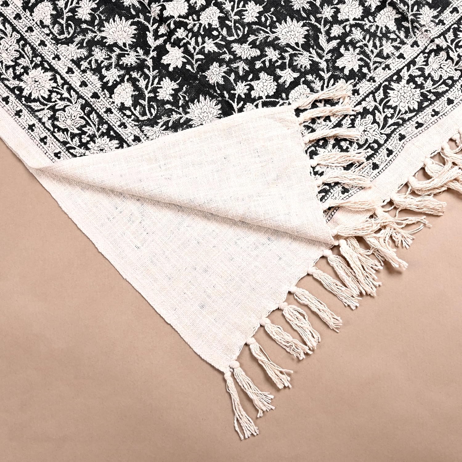 Hand Block Printed Cotton Throw Soft Lightweight Cozy Boho for Couch, Bed, Sofa, Home Decoration Blanket Gift for Women (Floral B/W) - Image 3