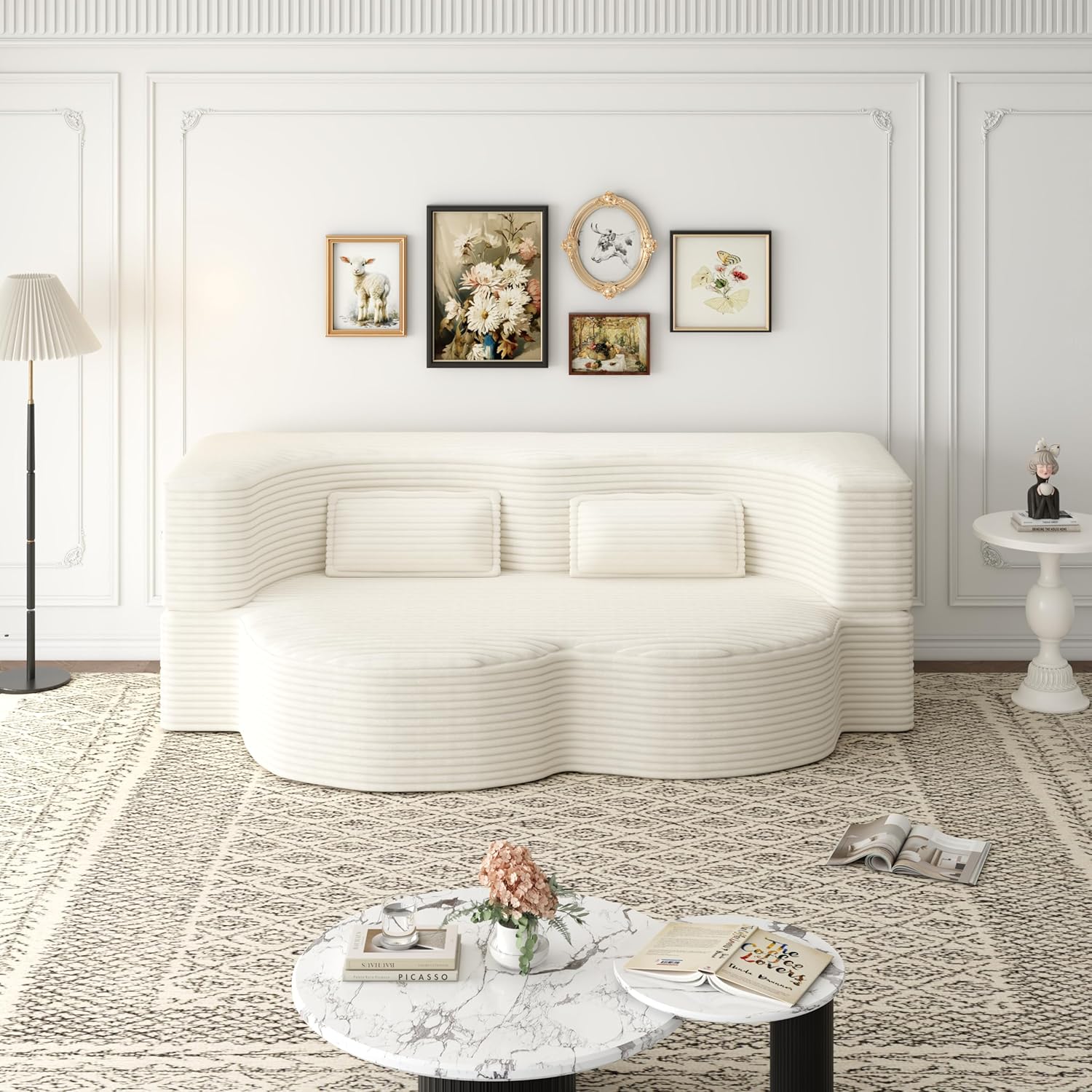 Aoowow Folding Sofa Bed, 78” Convertible Sleeper Sofa with Pillows, Modern Corduroy Fabric Floor Loveseat Couch Comfy Foam Filled Couches Full Folding Mattress for Living Room,Beige