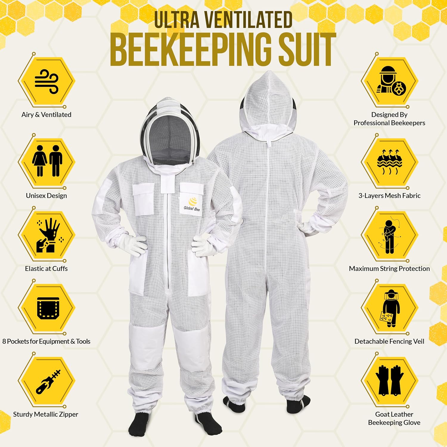 Beekeeping Suit Ventilated for Men Women Bee Suit 3 Layer with Fencing Veil One Pair Gloves