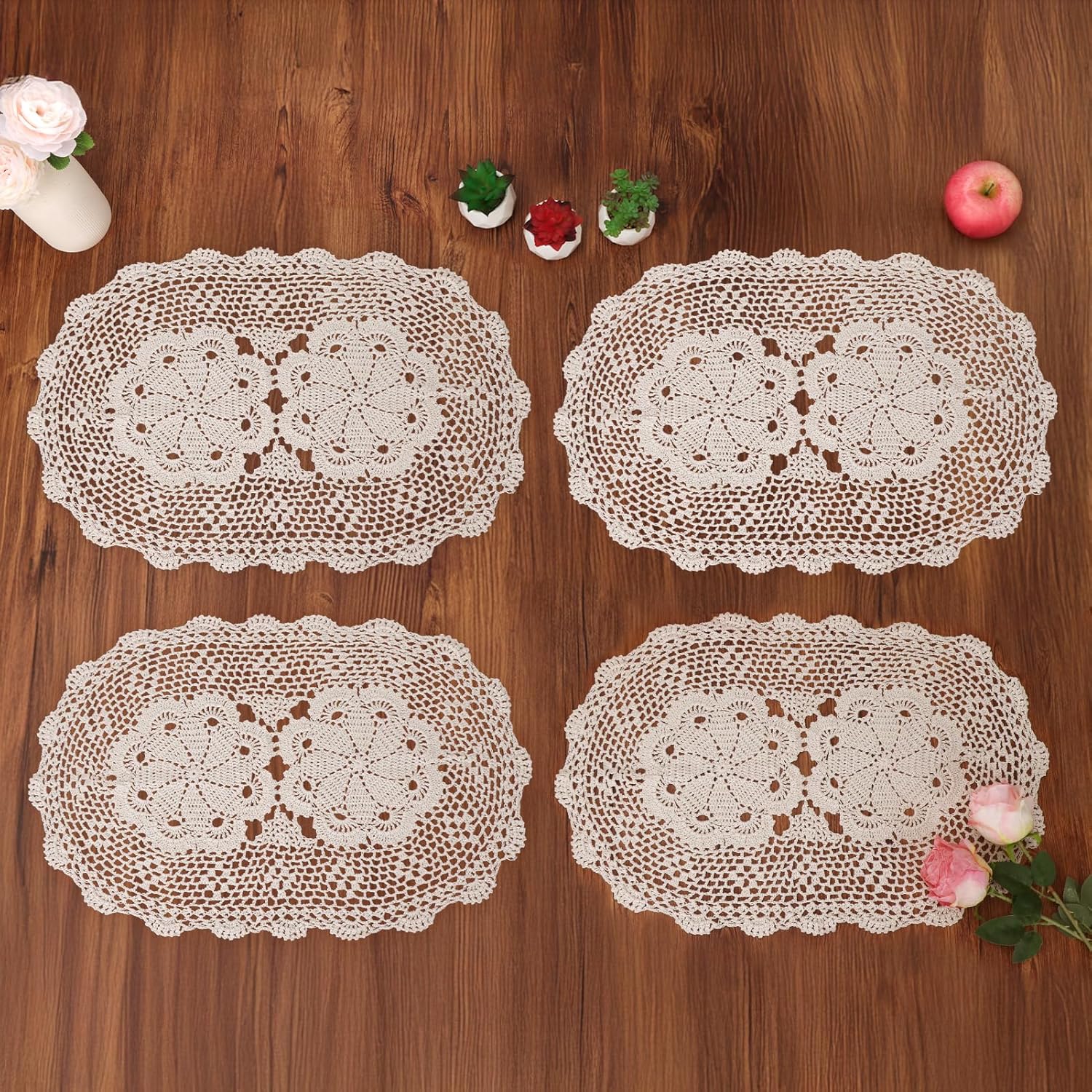 kilofly Crochet Cotton Lace Placemats Doilies 4pc, Oval, Beige, 15 x 23 inch