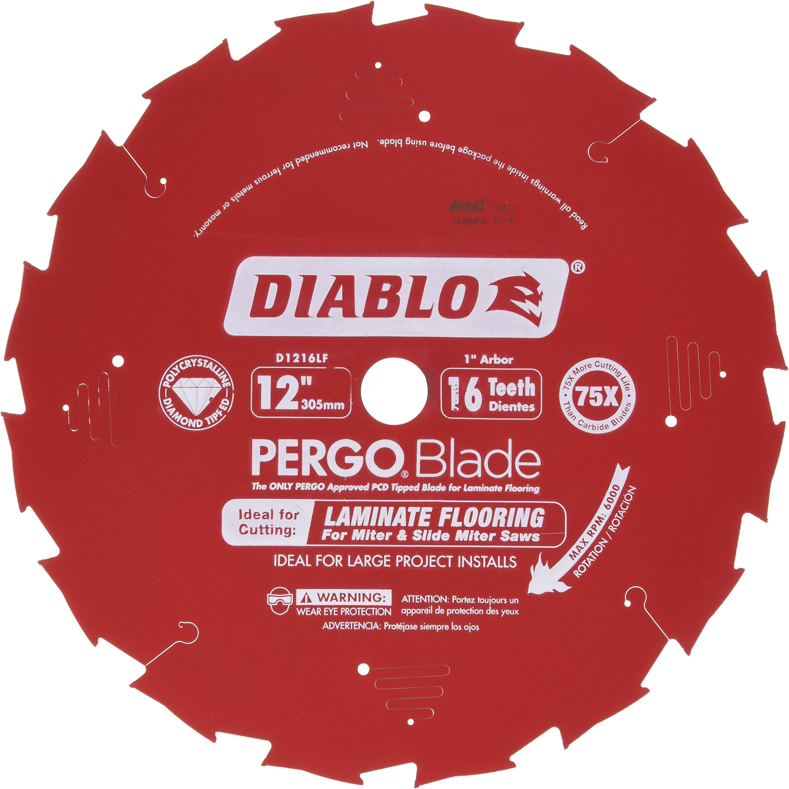 Diablo PergoBlade Saw Blade for Laminate and Wood Flooring - 12" Diameter, 16-Teeth, 1" Arbor, .087" Kerf, 10° Hook Angle, .063" Plate, 5000 Max RPM - D1216LF