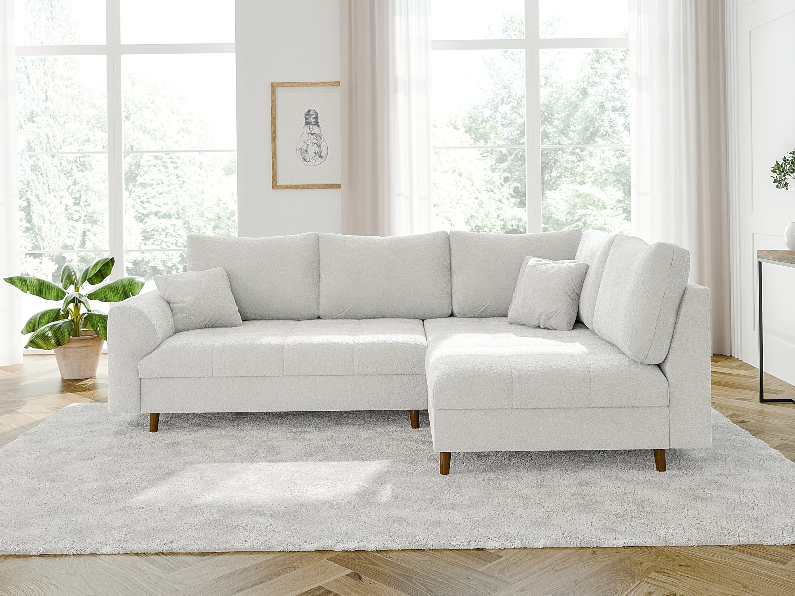 Ecksofa Eckcouch Sofa Couch 4 Sitzer Kratzfest Freistehend Rechts Massivholzfüße Braun Boucle Stoff Erik Weiß