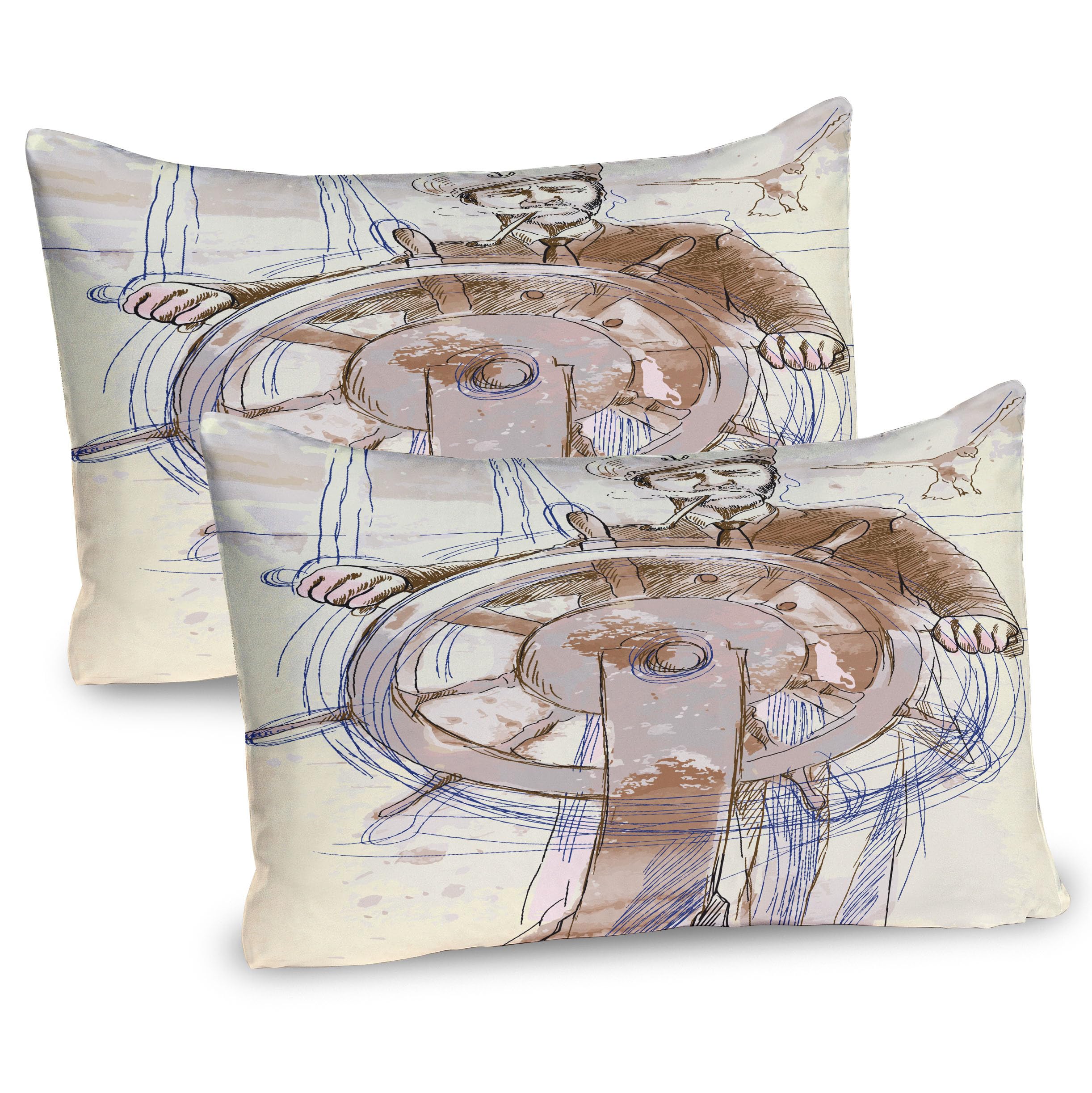 Ambesonne Nautical Pillow Sham Set of 2, Sea Captain The Leader Seaman Sketch Art Navigation Navy Classical Flying Bird, Quality Microfiber Bedding Item for All Seasons, 36