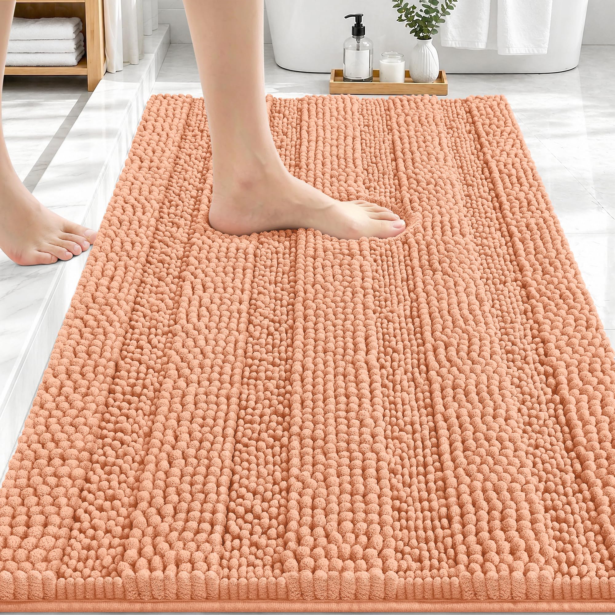 OLANLY Thick Bathroom Rugs 30x20, Soft Chenille Striped Bath Rugs, Peach