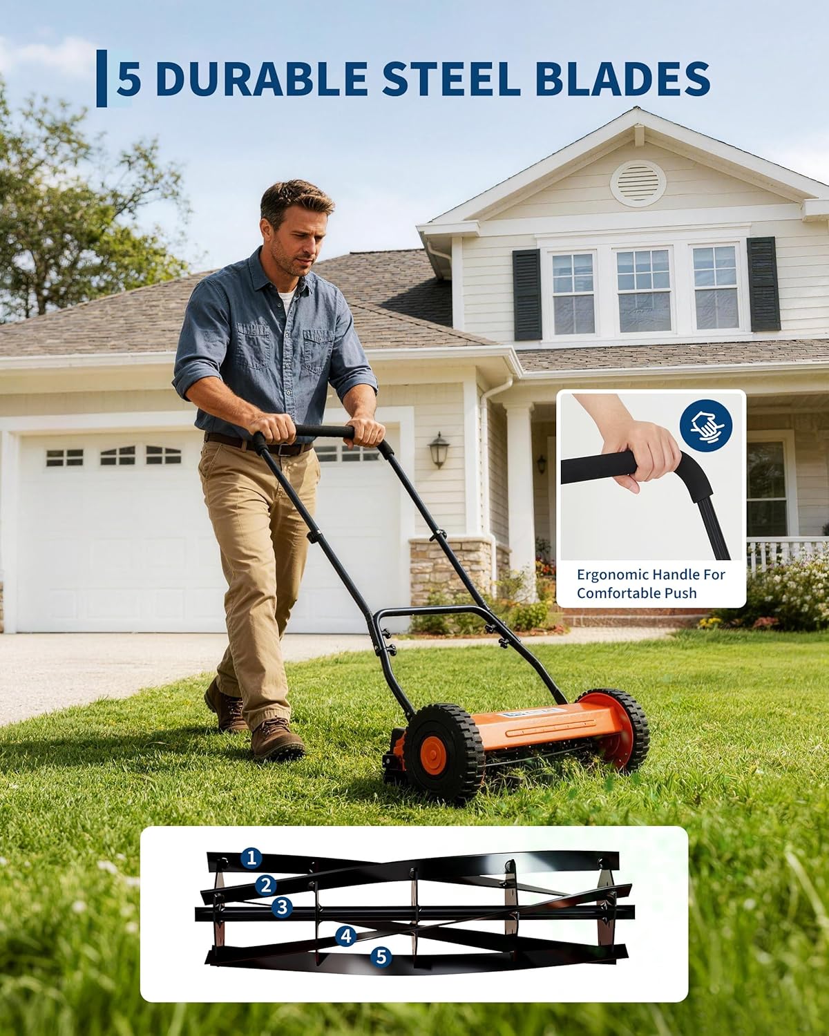 Push Reel Lawn Mower, 14 Inch 5-Blade Manual Reel Lawn Mower, Walk-Behind Lawn Mower with Adjustable Cutting Height, Orange