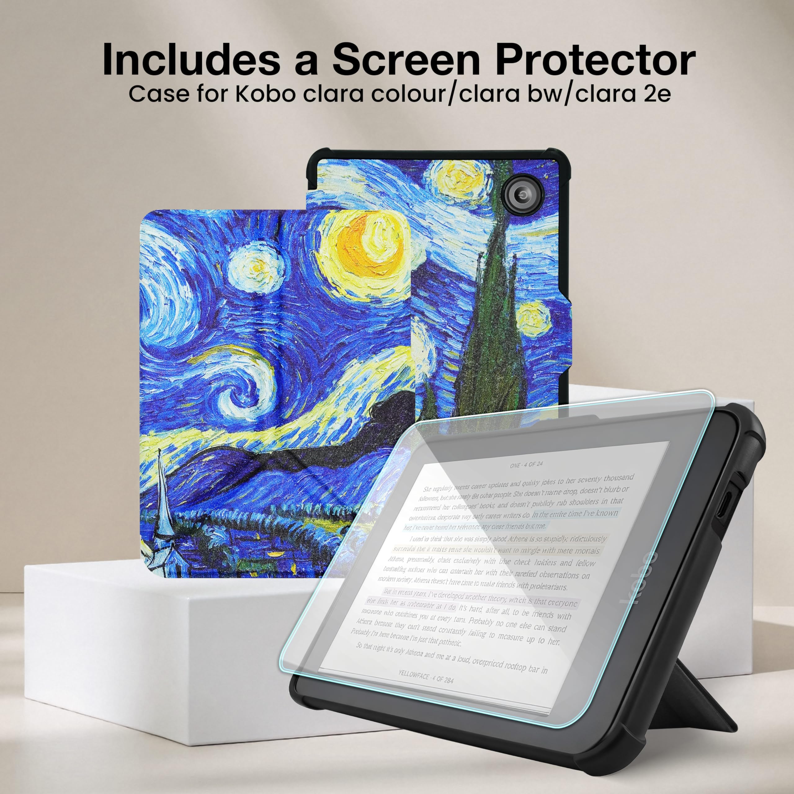 Case for 6" Kobo Clara Colour/BW/2E Ereader, Includes a Screen Protector - 6 Inch Premium PU Leather Cover with Auto Sleep/Wake (Starry Night, 6 icnh) — view 6