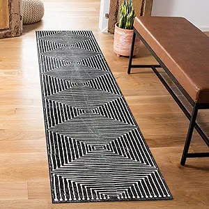 Rugshop Marbella Bohemian Stripes Washable Non Slip Runner Rug 2' x 6' Black