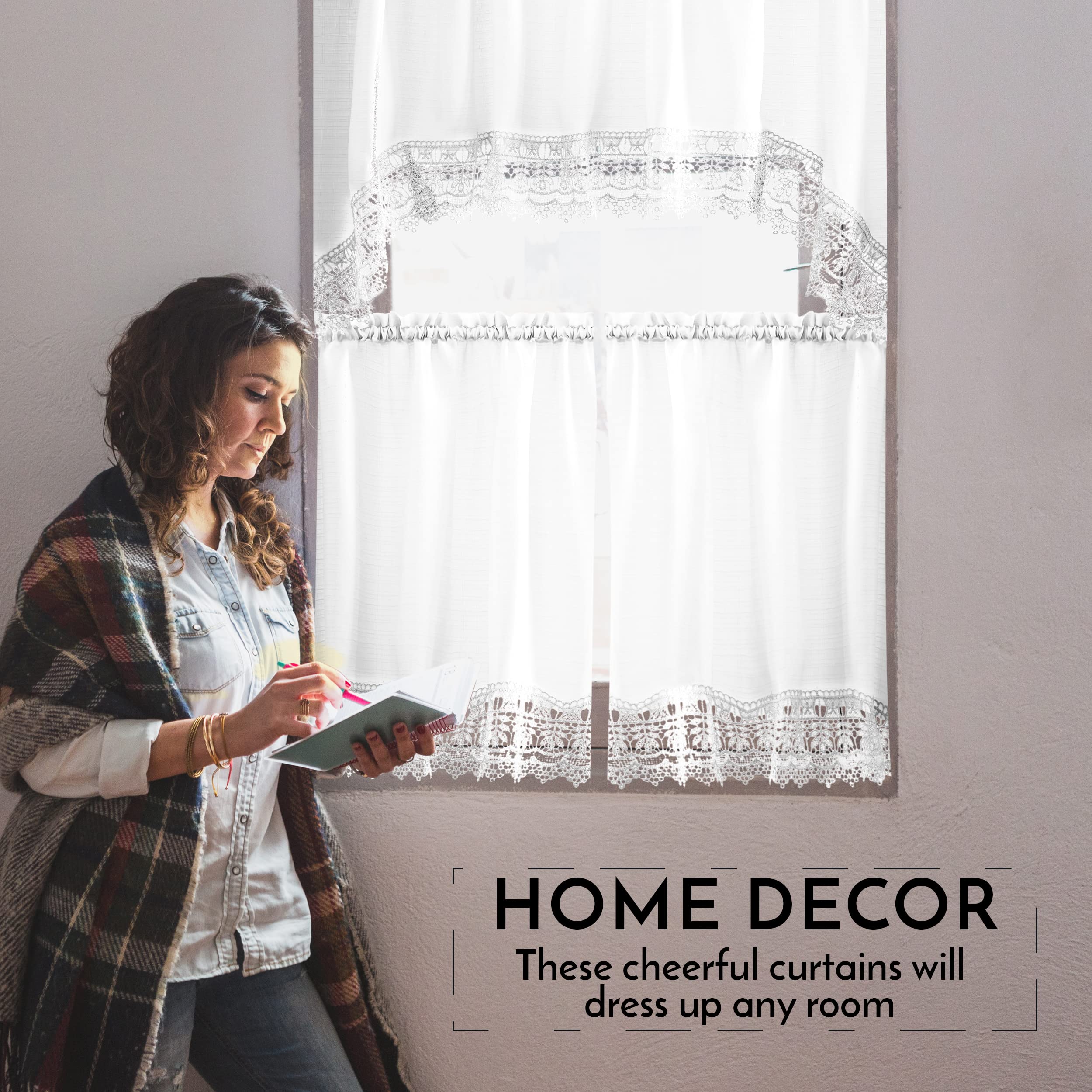 Café Curtains For Kitchen & Bathroom - 3-Piece Set With Valance, Embroidered Lace Trim - View #7