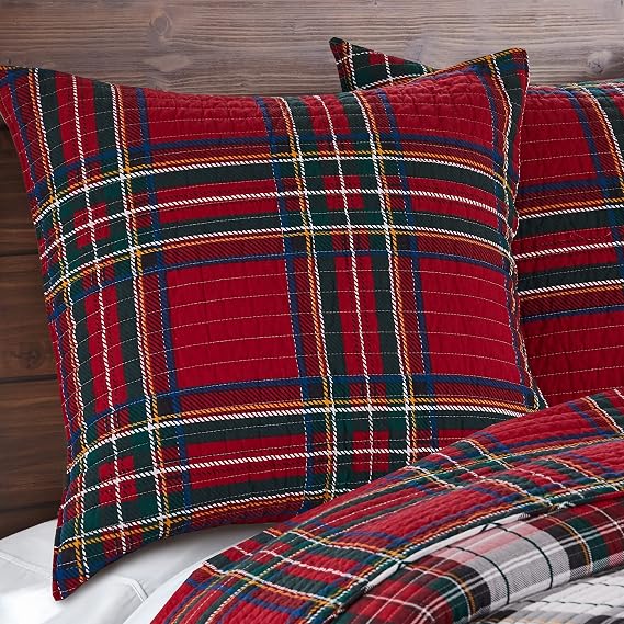 Levtex Home - Spencer Plaid Quilted Euro Sham (26x26in.) - Christmas Tartan Plaid - Red, Green, Black - No Insert - Set of 2
