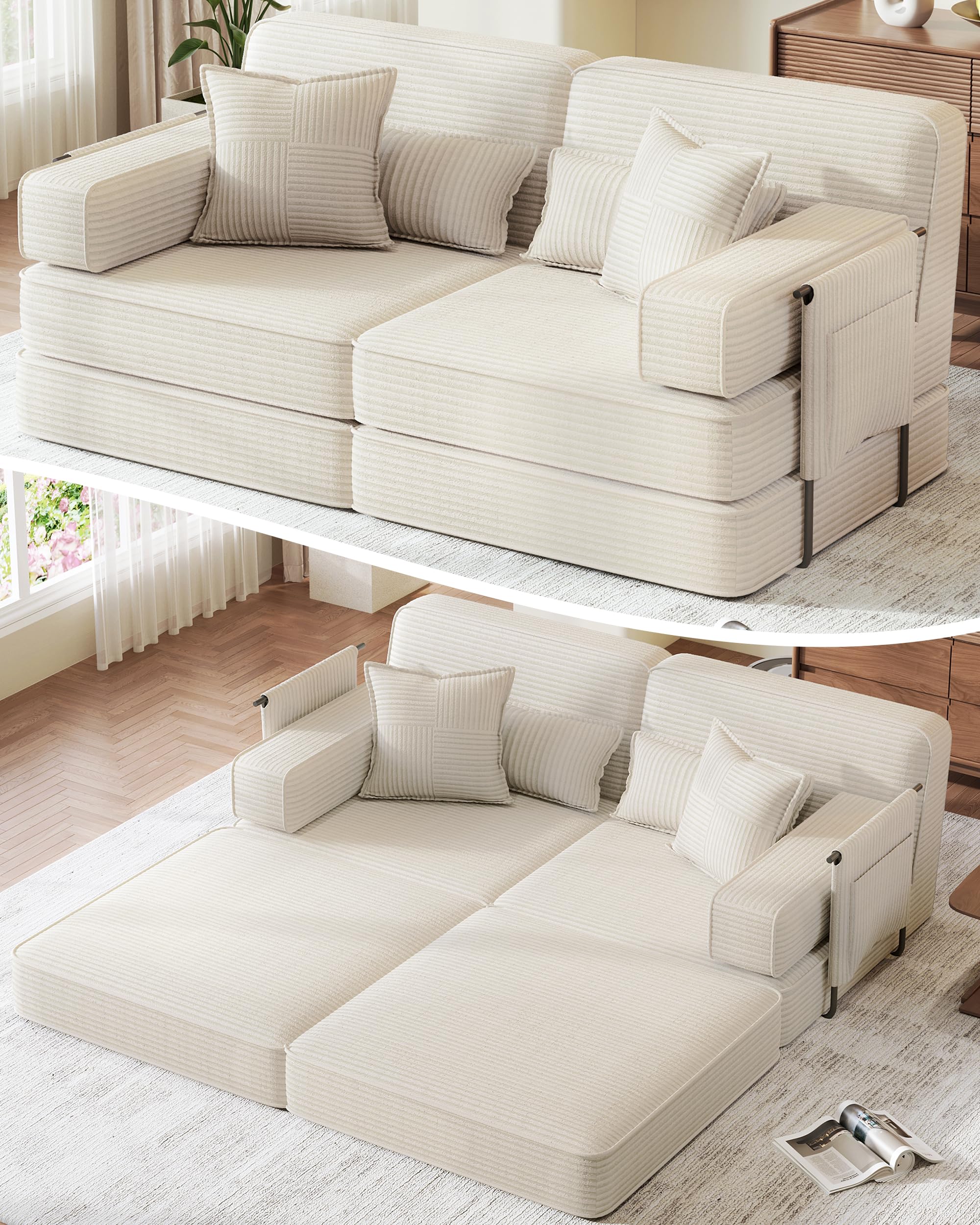Schlafsofa 190cm Breit, Boneless Couch, Bodensofa Bed mit Hohe Rückenlehne, Abnehmbare Integrierte Kopf- und Lendenstütze, 2 Zierkissen, Seitentasche, Cord Sofa mit schlaffunktion