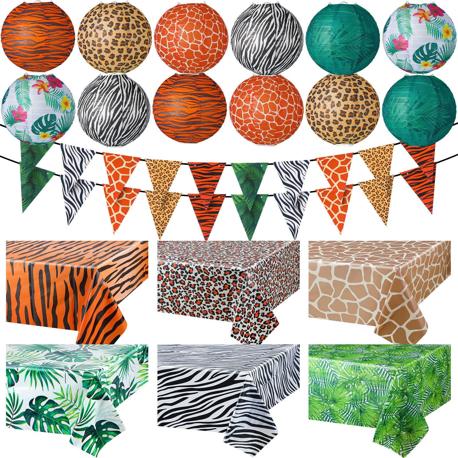Buryeah 20 Pieces Jungle Theme Party Supplies Safari Birthday Decorations Set, 12 Animal Print Paper Lanterns, 6 Zoo Print Table Cover, 2 Animal Print Pennant Banners for Birthday Party Decor