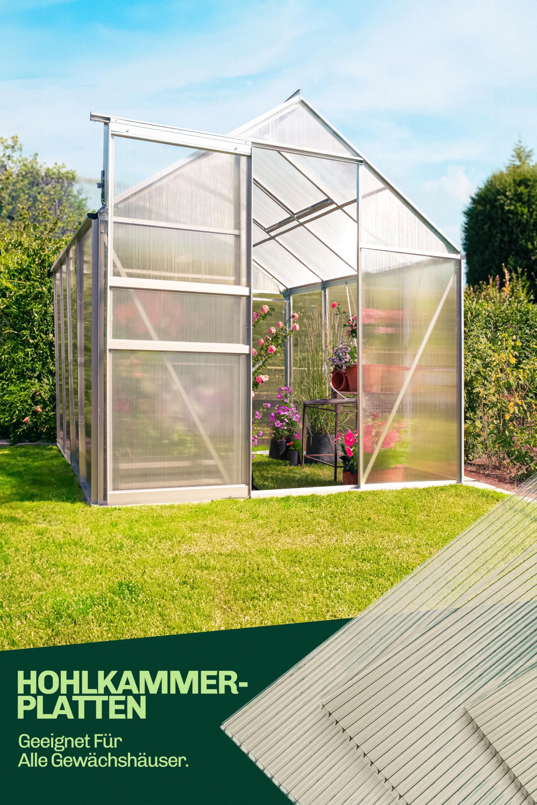 Set 4X Hohlkammerplatten für Gewächshaus 60,5 x 121 cm - Polycarbonatplatten, Kunststoffplatten 4mm, Wetterfeste Gewächshausplatten, Polycarbonat Stegplatten, Transparent & UV-beständige