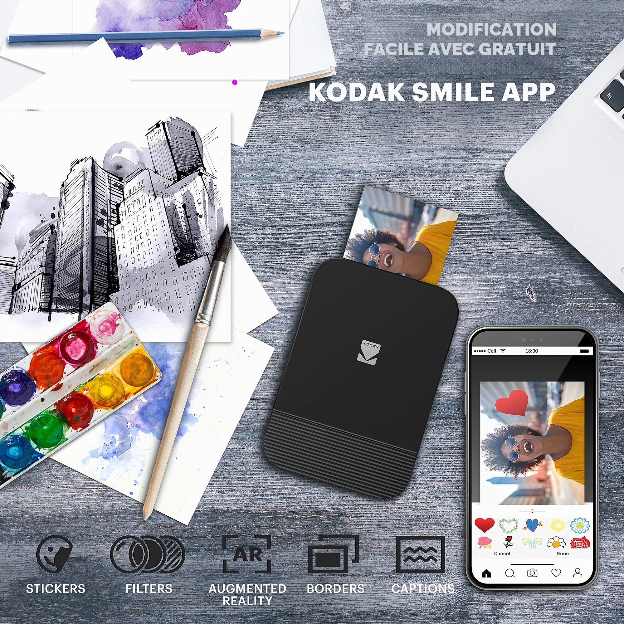 KODAK Smile Couleur Imprimante numérique instantanée - Mini imprimante Bluetooth rétractable pour iPhone et Android - Papier 2x3 ZINK - Noir / Blanc