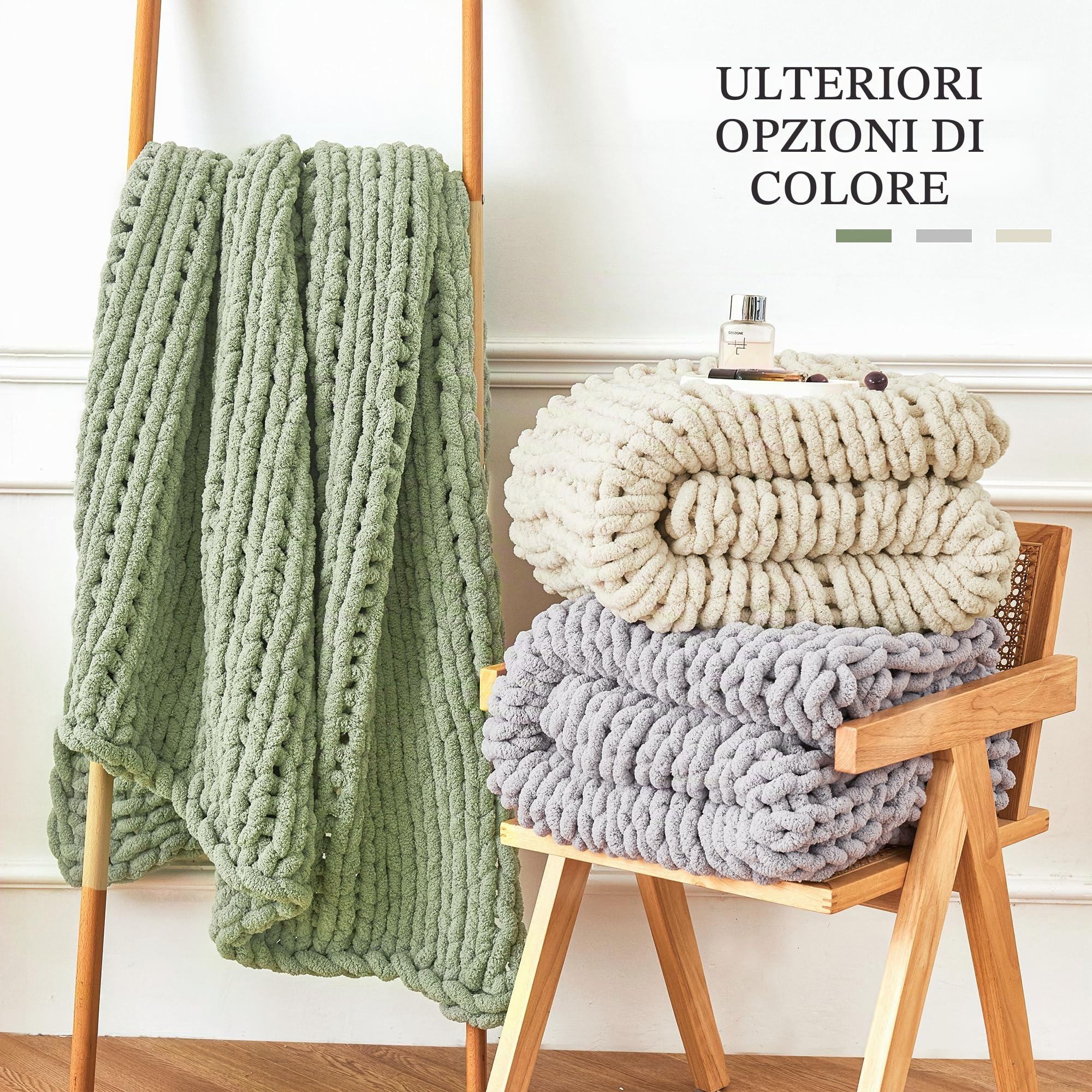 Admitrack Coperta a maglia grossa, 100% ciniglia lavorata a mano, per divano e decorazione della casa, morbida e accogliente coperta lavorata a maglia (verde salvia, 101,6 x 127 cm)
